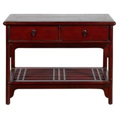 Chinese Vintage Oxblood Lacquer Side Table with Two Drawers and Fretwork Shelf