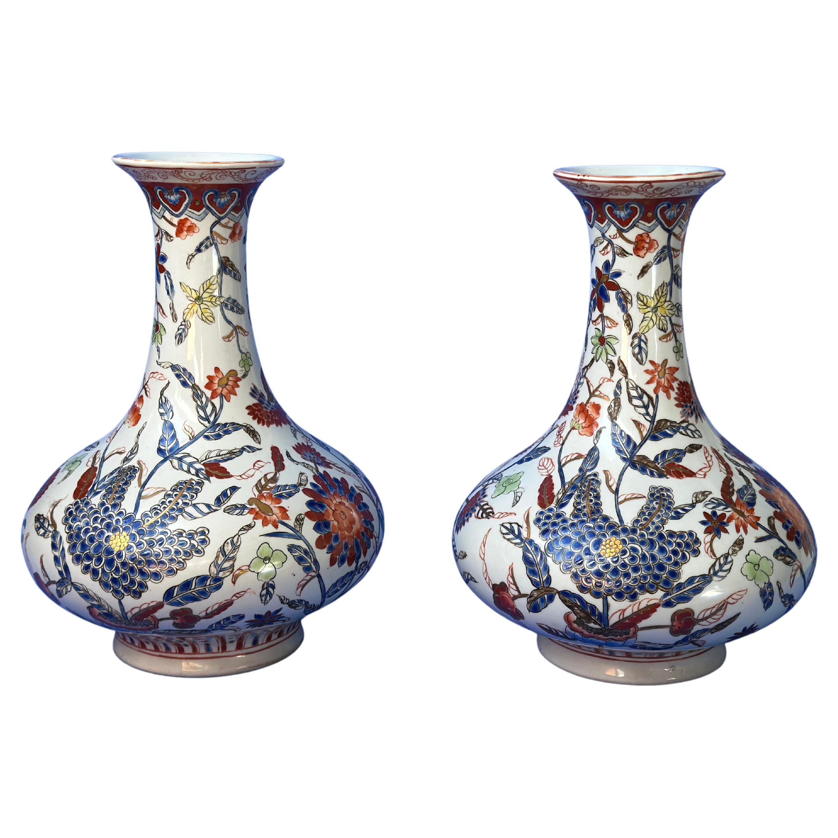 Chinese Vintage Pear Shaped Porcelain Vases - Red and Blue Tongzhi/Qing Style