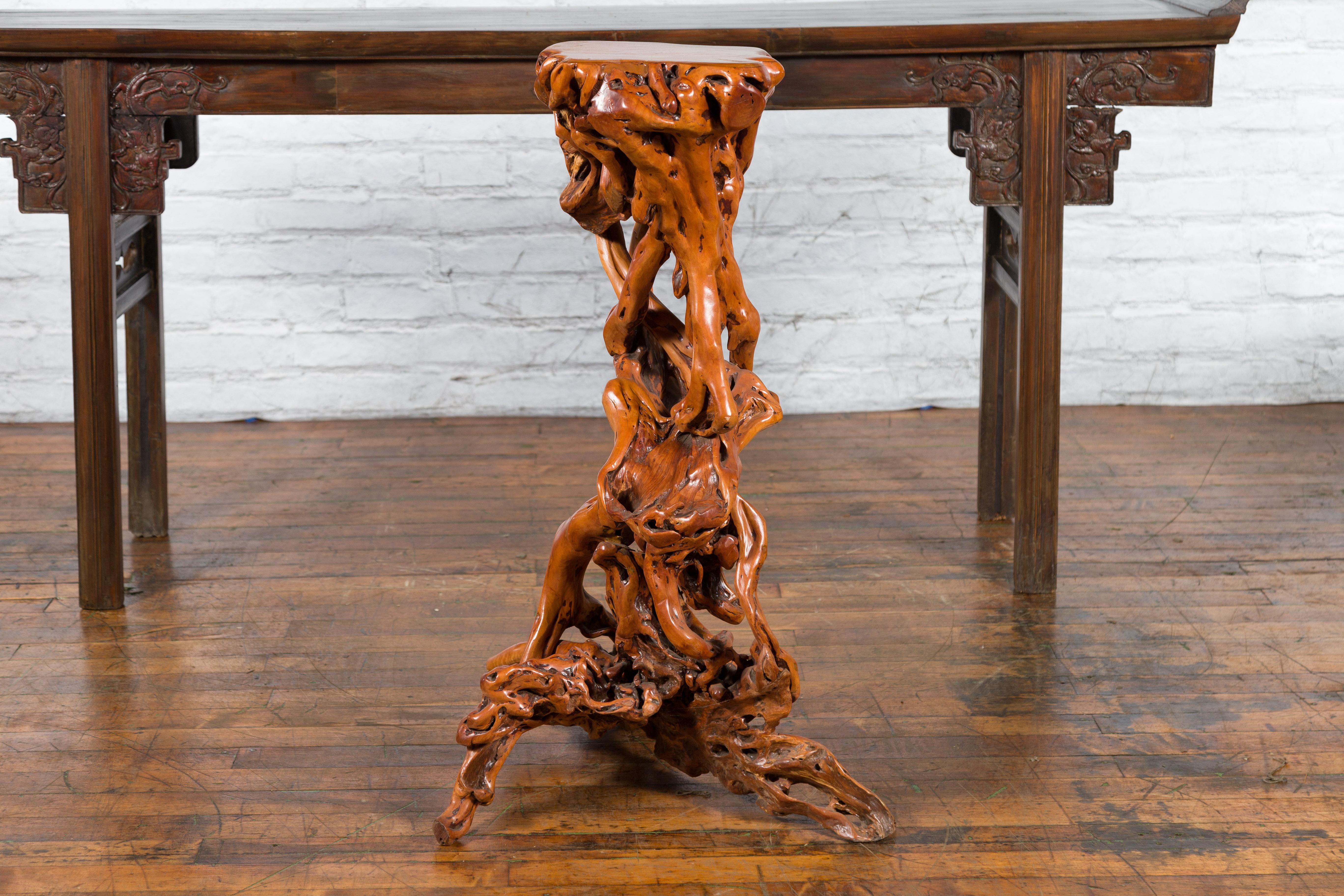 Chinese Vintage Pedestal Made from a Tree Root with Natural Lacquer Finish For Sale 4
