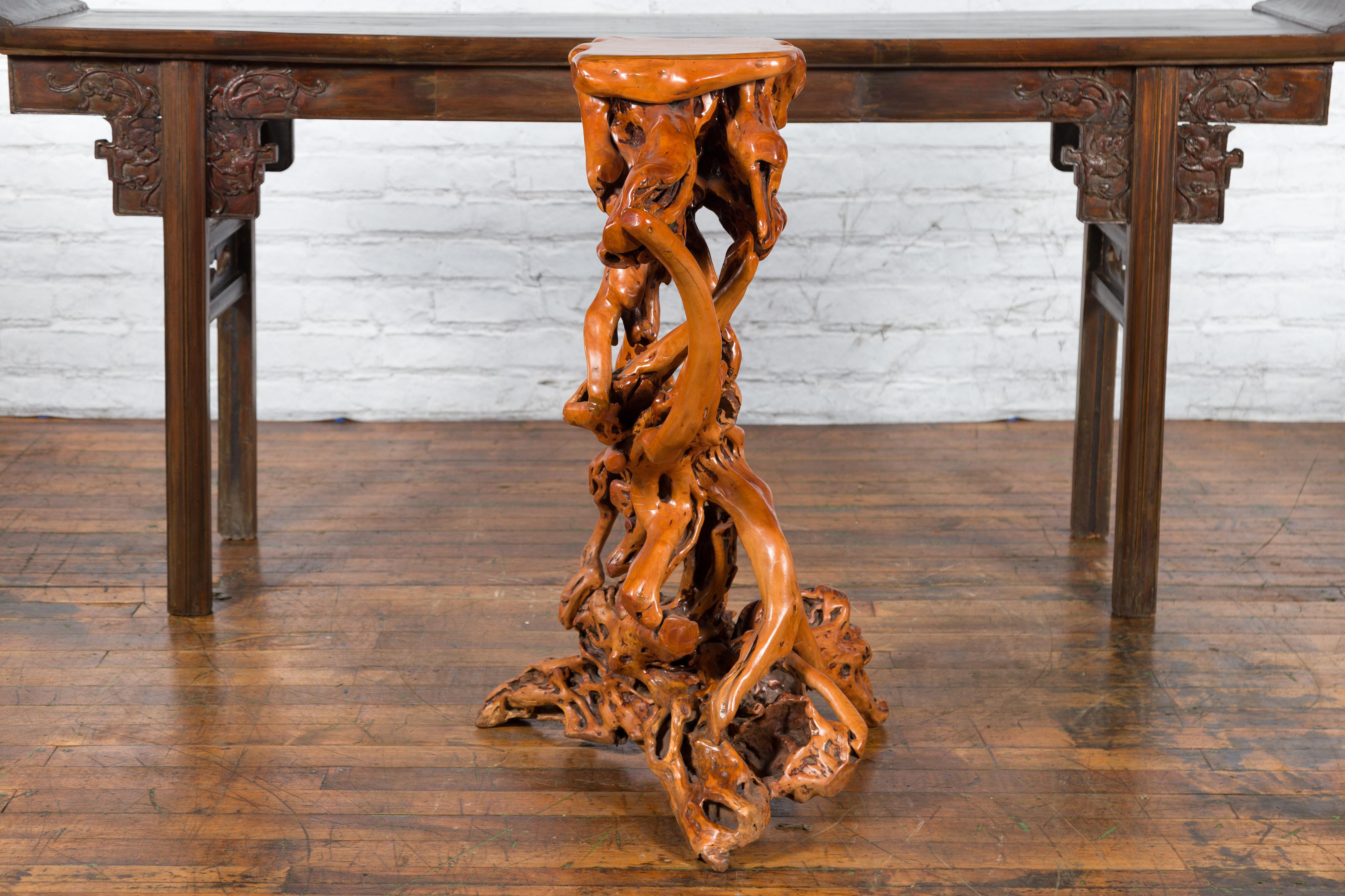 Chinese Vintage Pedestal Made from a Tree Root with Natural Lacquer Finish For Sale 6
