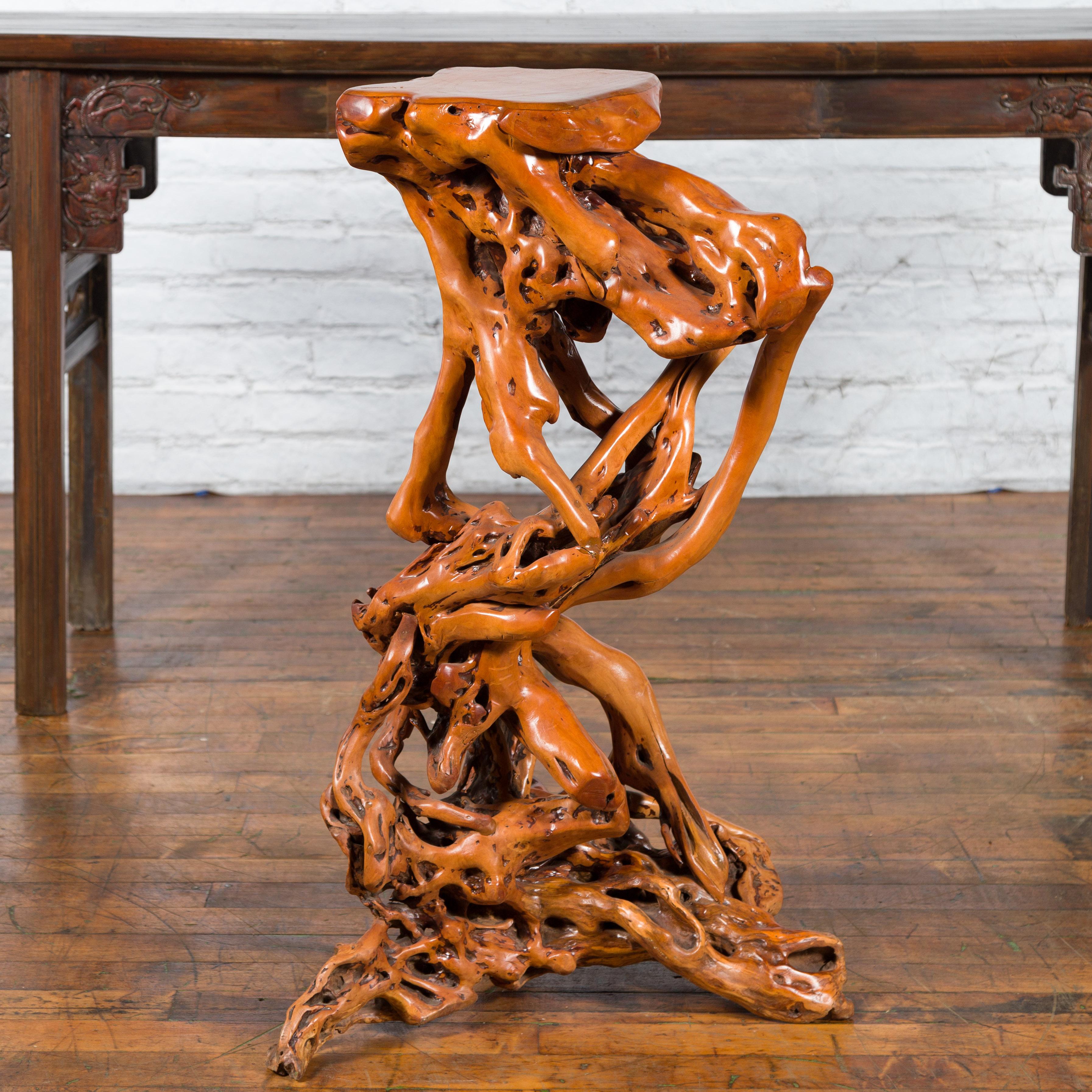 Lacquered Chinese Vintage Pedestal Made from a Tree Root with Natural Lacquer Finish For Sale