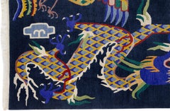 Chinese Vintage Peking Blue Handmade Wool Rug with Mullticolor Dragon Motif
