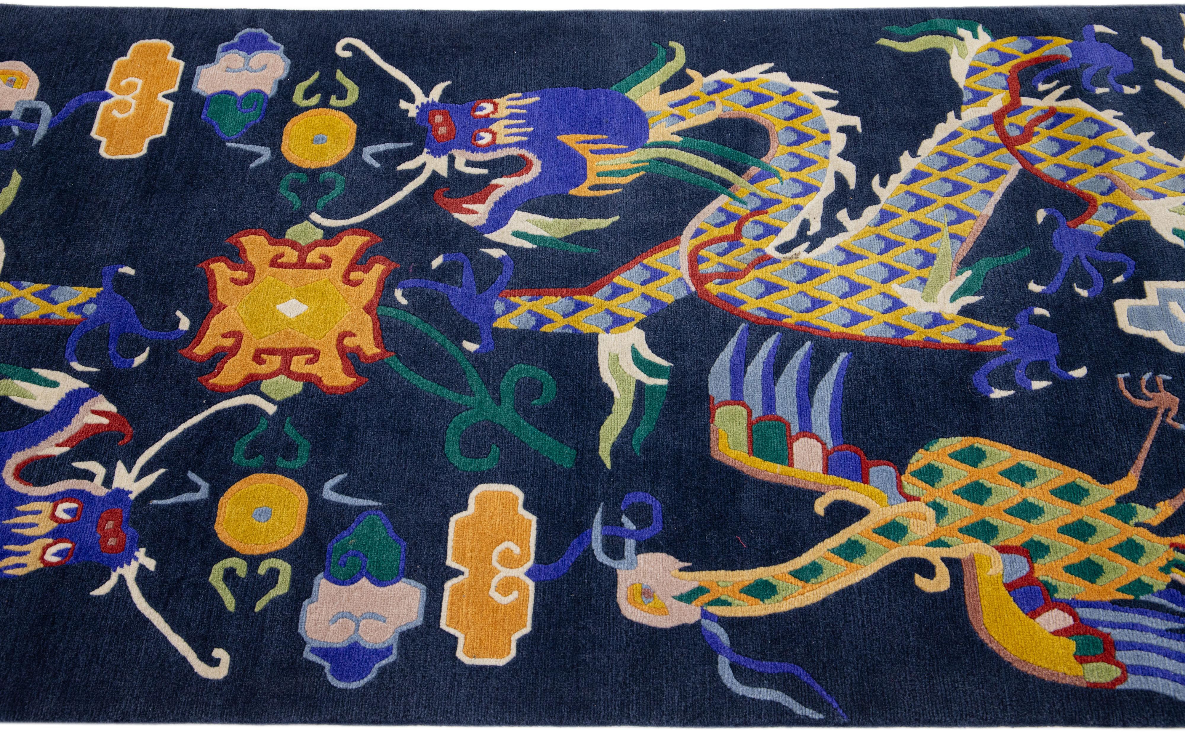 Hand-Knotted Chinese Vintage Peking Blue Handmade Wool Rug with Mullticolor Dragon Motif For Sale