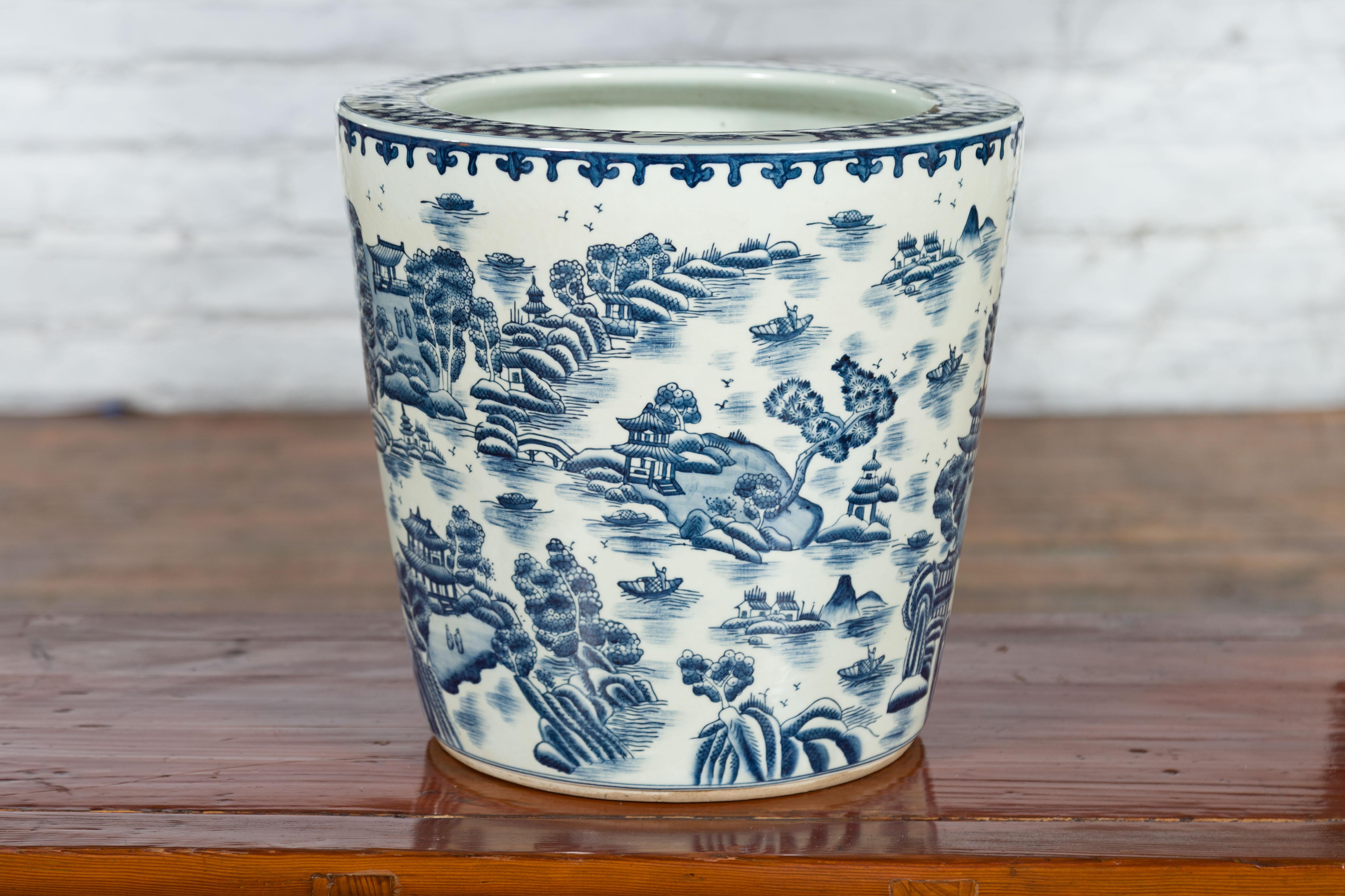 Chinese Vintage Porcelain Cache-Pot Planter with Blue and White Landscape For Sale 4