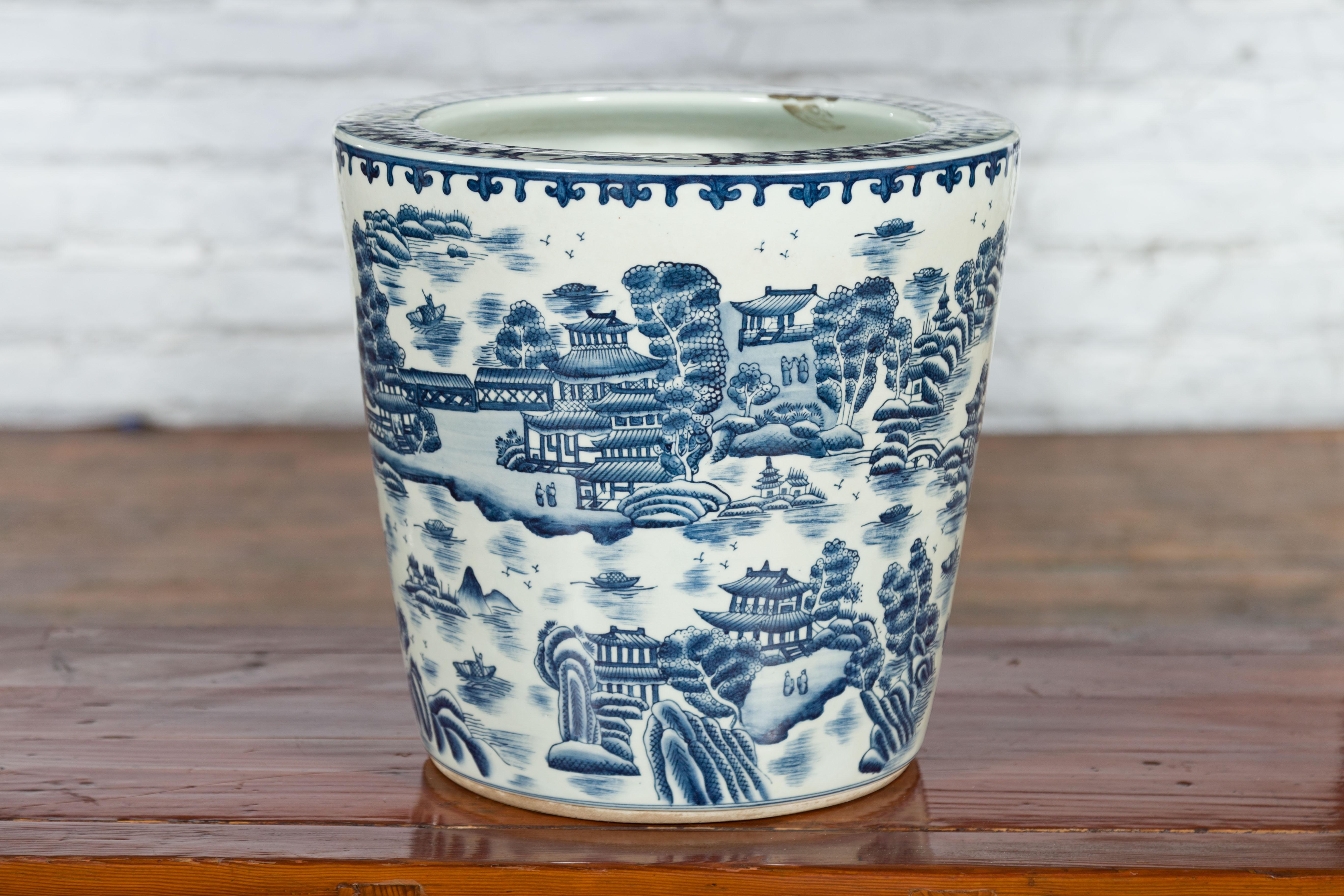 Chinese Vintage Porcelain Cache-Pot Planter with Blue and White Landscape For Sale 5