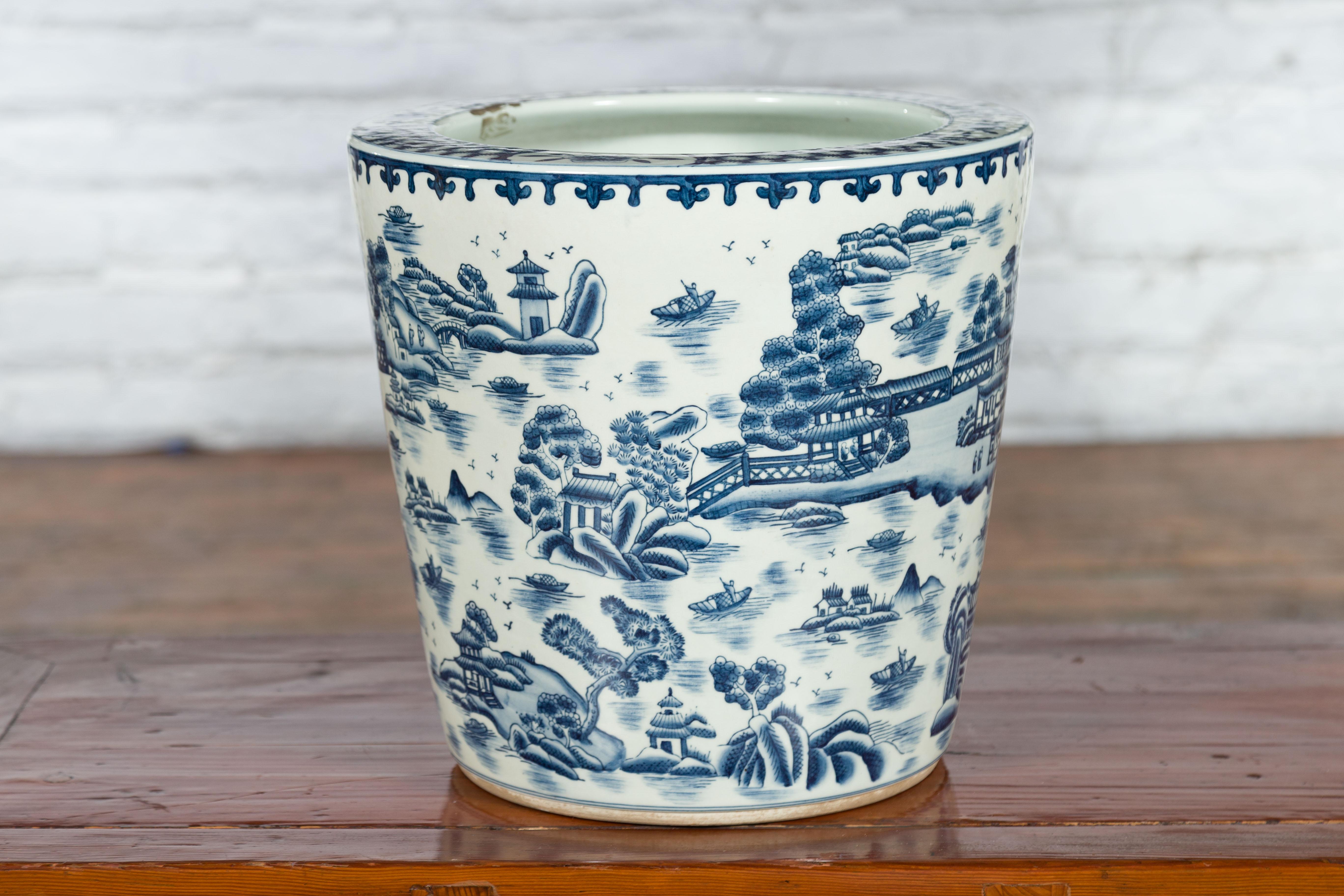 Chinese Vintage Porcelain Cache-Pot Planter with Blue and White Landscape For Sale 7