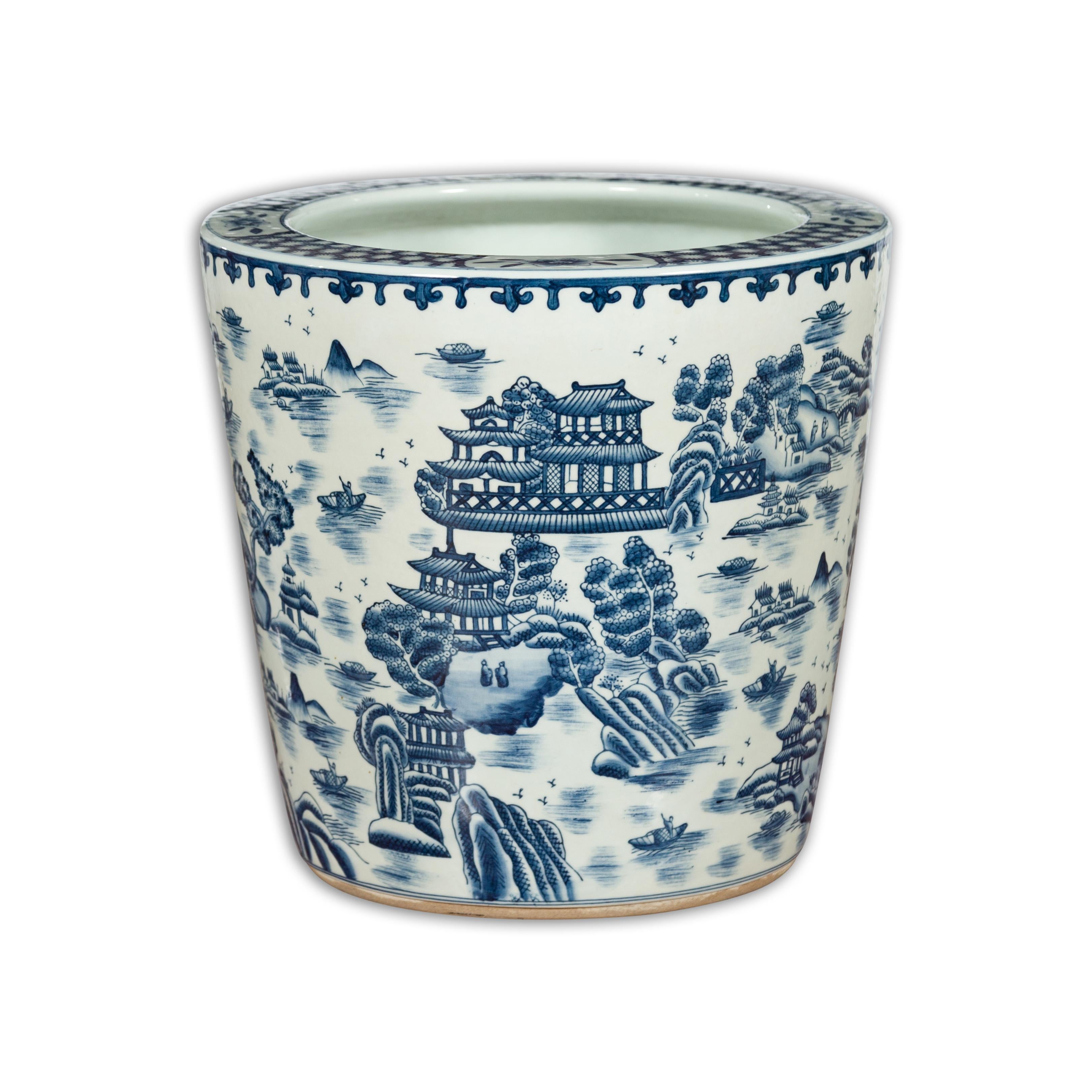Chinese Vintage Porcelain Cache-Pot Planter with Blue and White Landscape For Sale 9