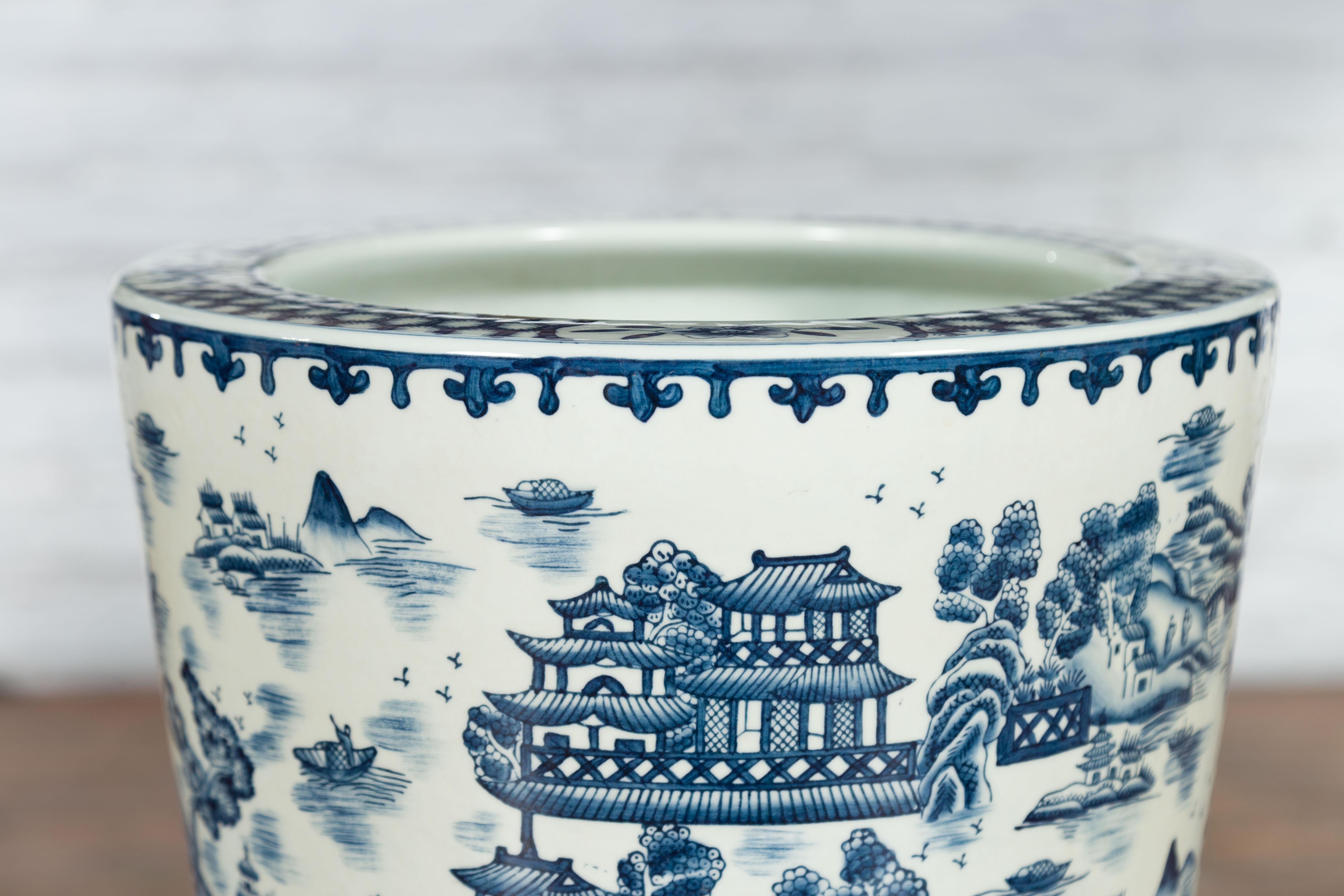 Hand-Painted Chinese Vintage Porcelain Cache-Pot Planter with Blue and White Landscape For Sale