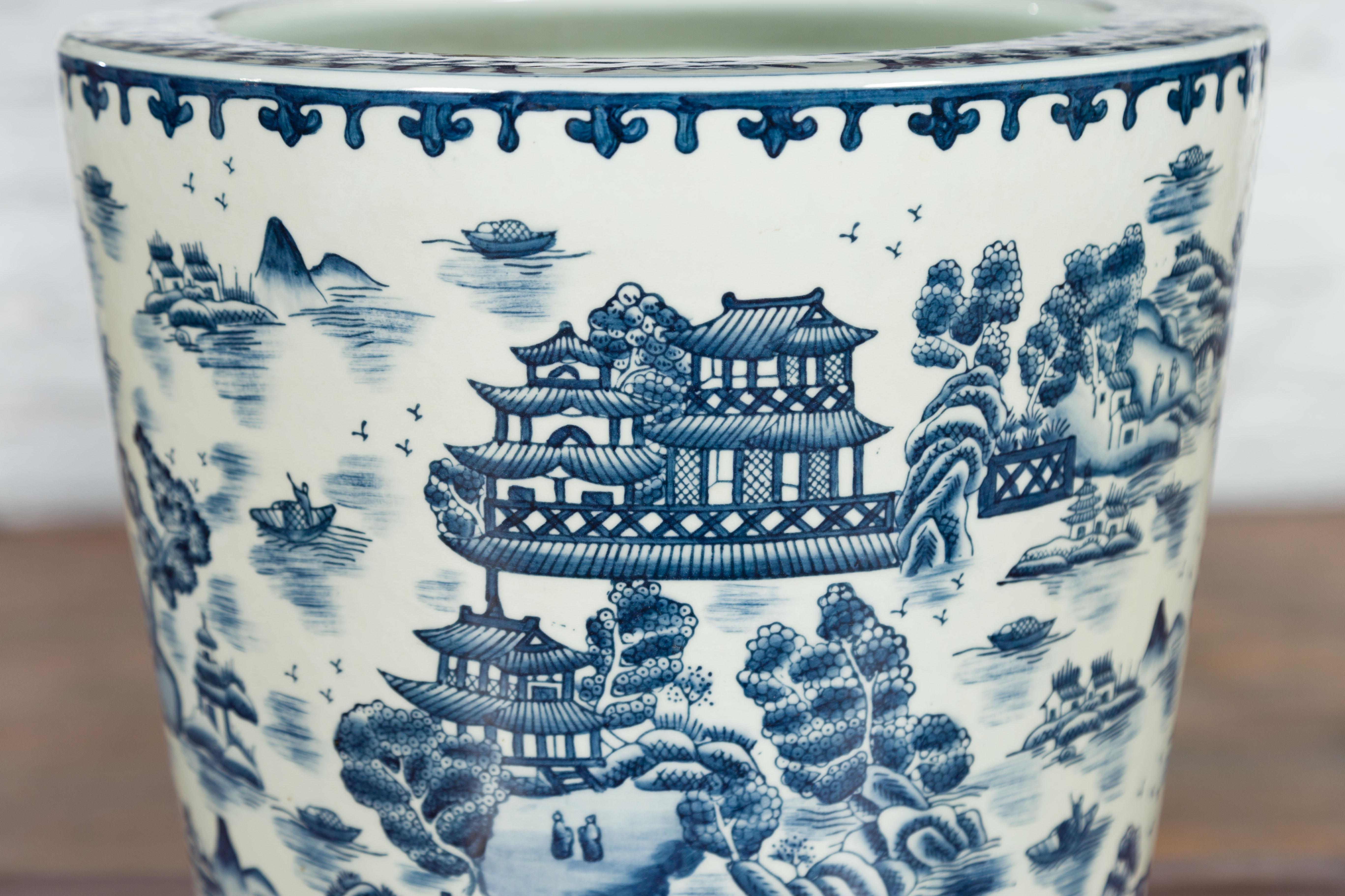 Chinese Vintage Porcelain Cache-Pot Planter with Blue and White Landscape In Good Condition For Sale In Yonkers, NY