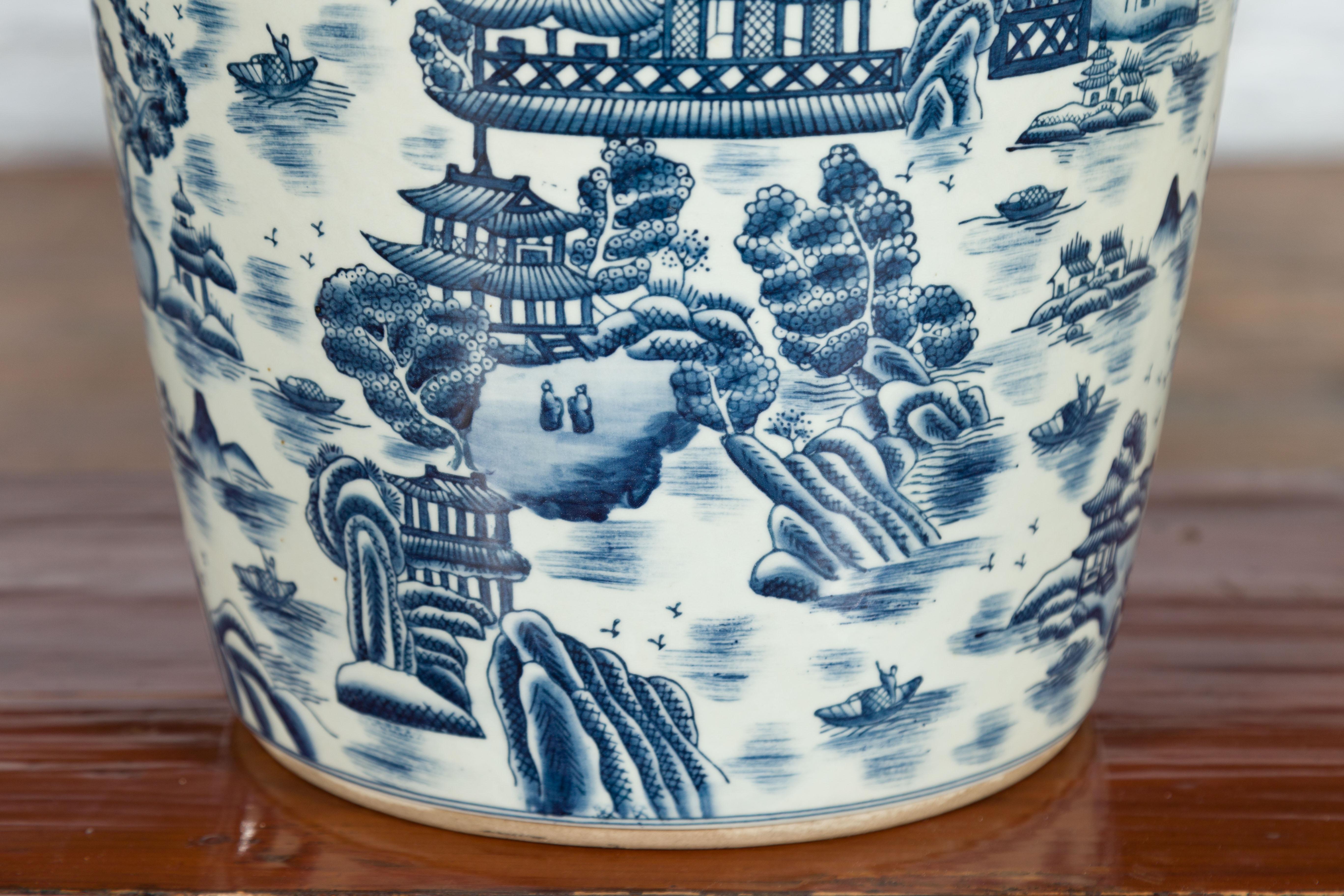 20th Century Chinese Vintage Porcelain Cache-Pot Planter with Blue and White Landscape For Sale