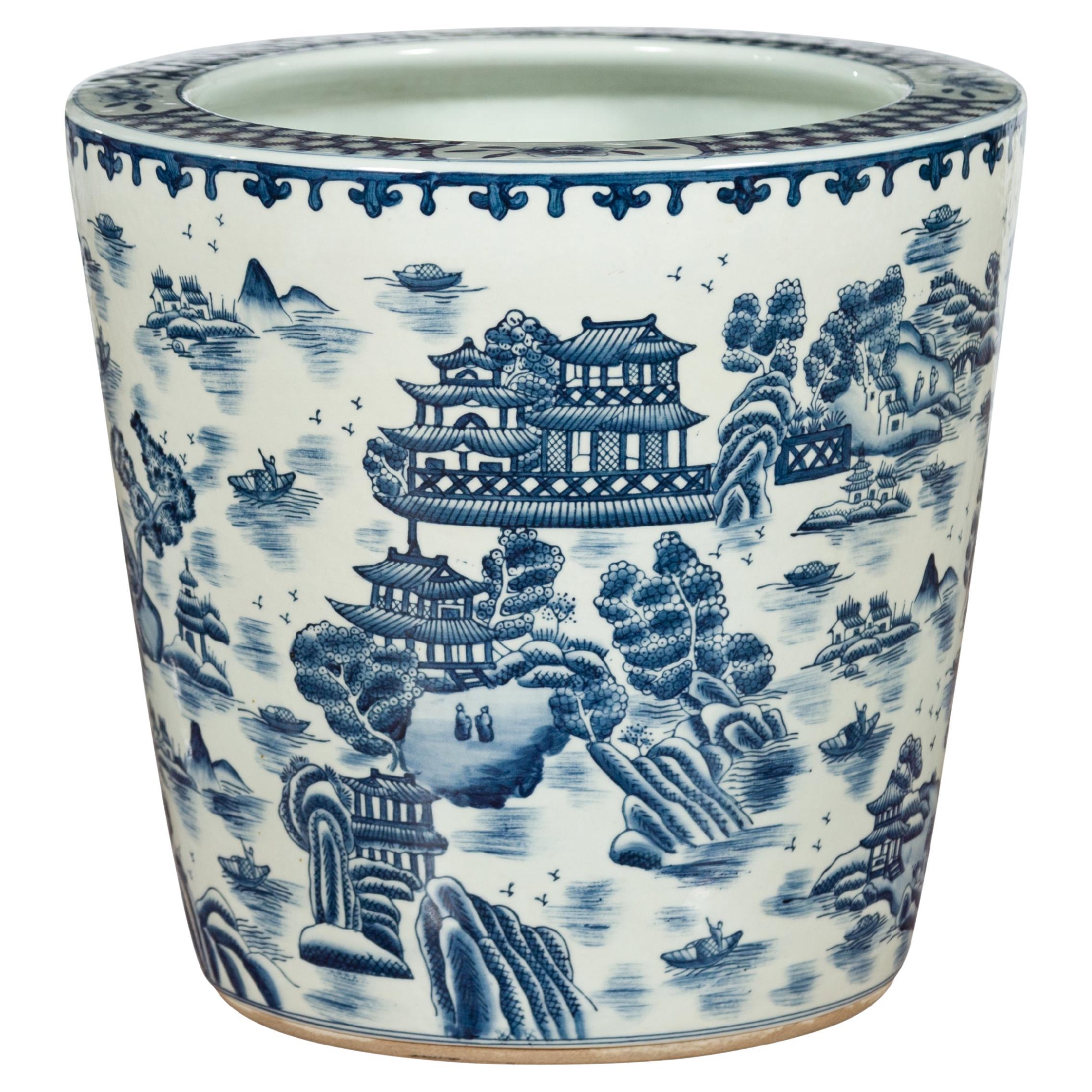 Chinese Vintage Porcelain Cache-Pot Planter with Blue and White Landscape For Sale