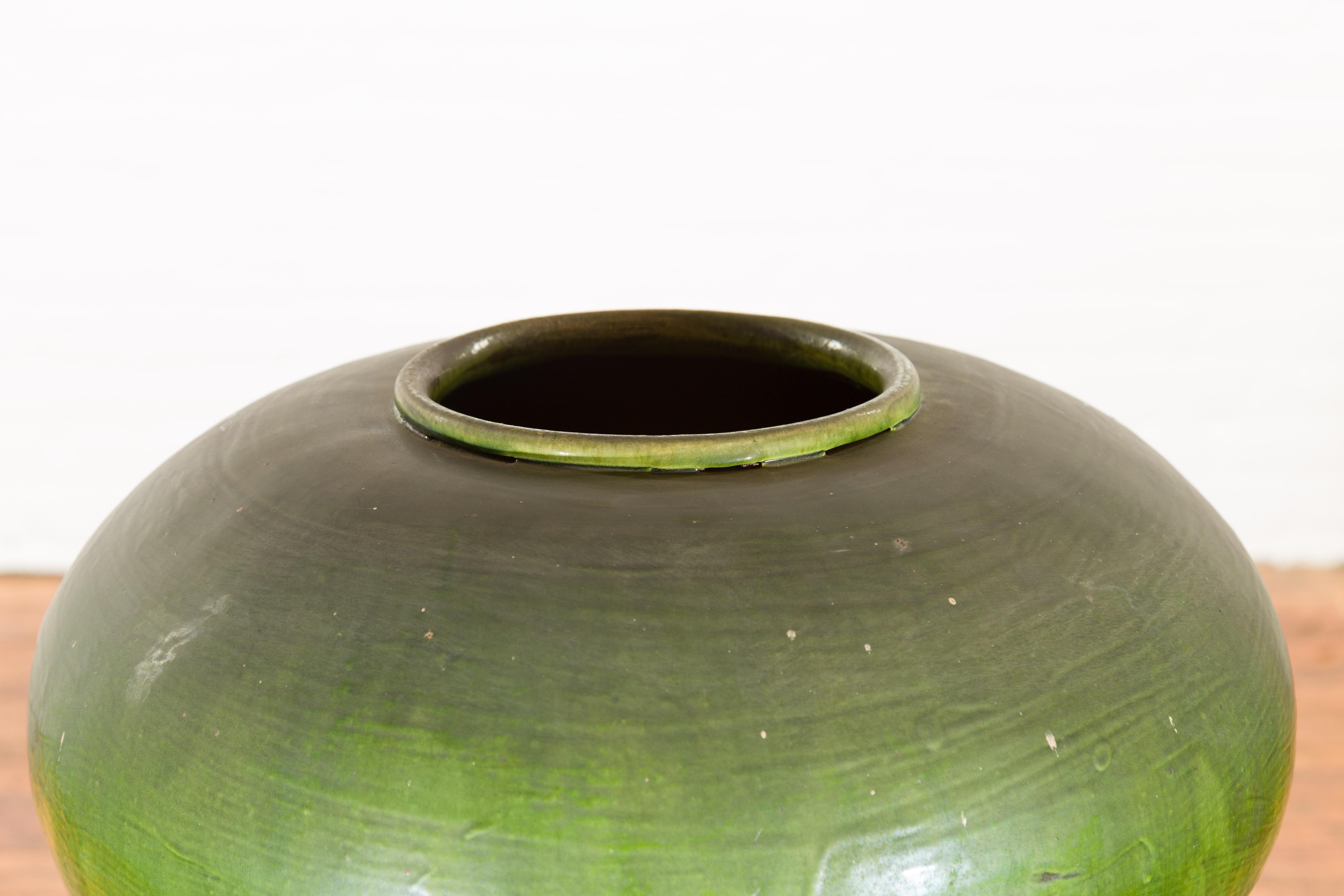 20th Century Chinese Vintage Porcelain Low Squat Planter with Verde Glaze and Aged Patina For Sale