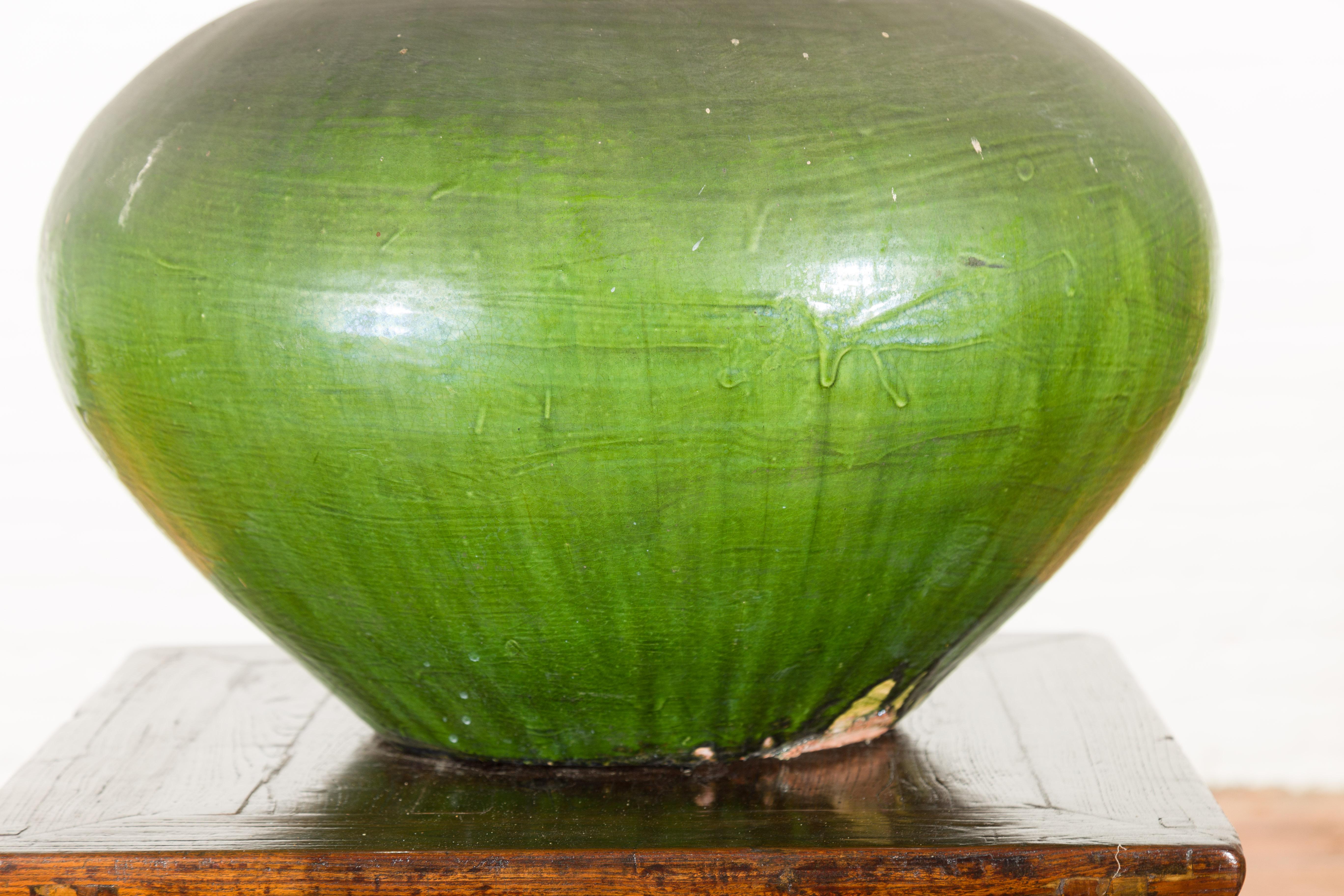 Chinese Vintage Porcelain Low Squat Planter with Verde Glaze and Aged Patina For Sale 1