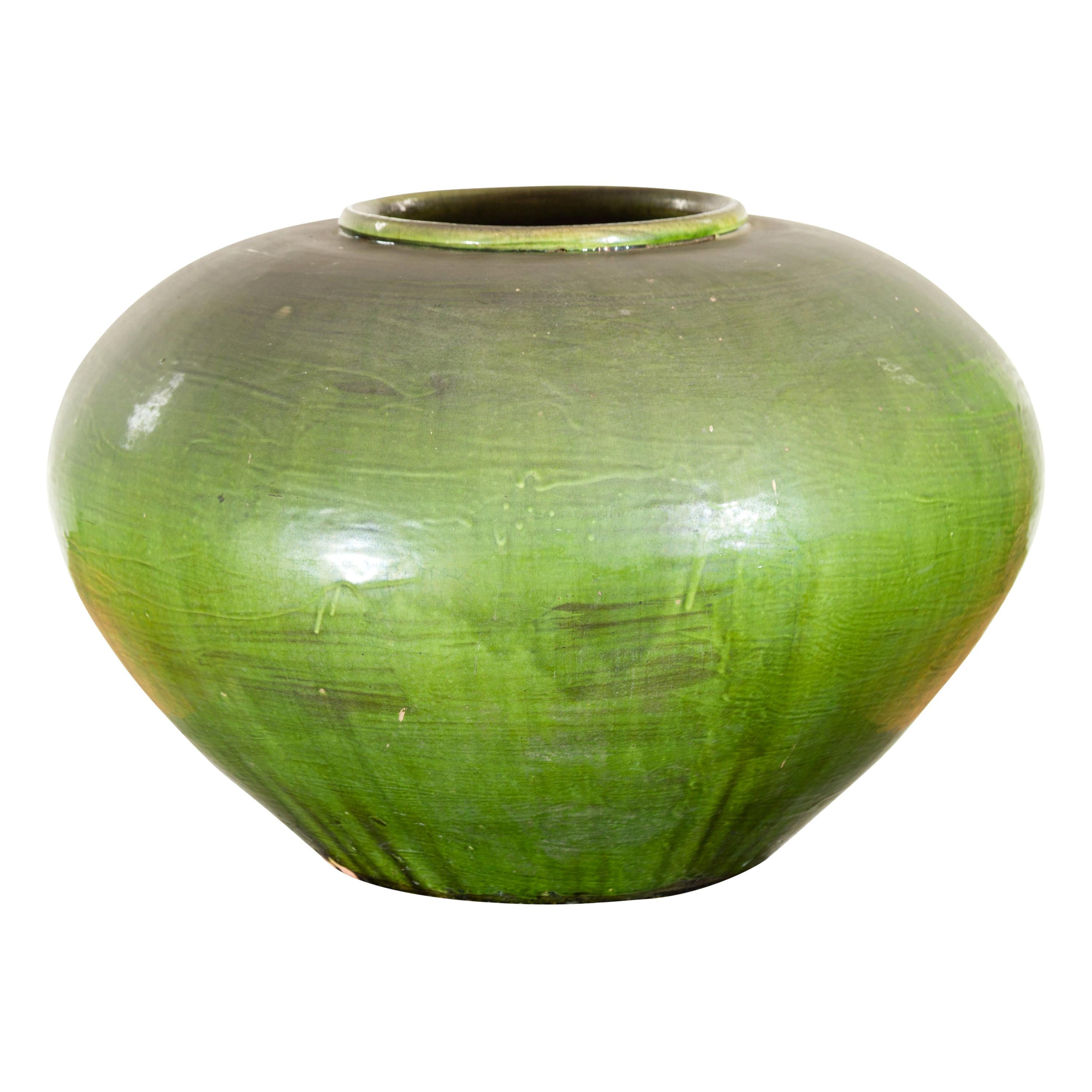 Chinese Vintage Porcelain Low Squat Planter with Verde Glaze and Aged Patina For Sale