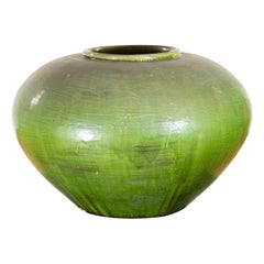 Chinese Vintage Porcelain Low Squat Planter with Verde Glaze and Aged Patina