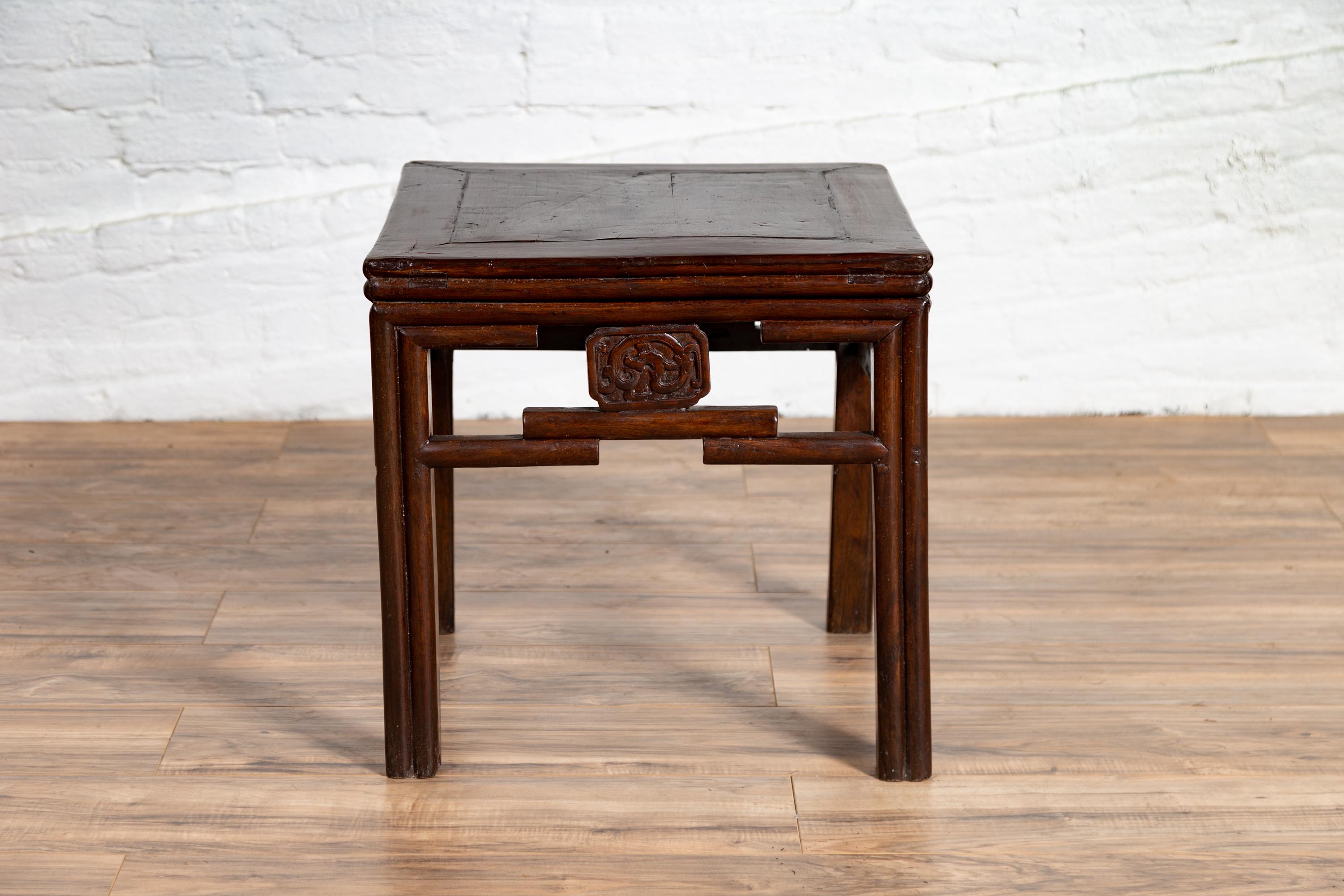 Chinese Vintage Qing Style Side Table with Dark Patina and Carved Medallions For Sale 6