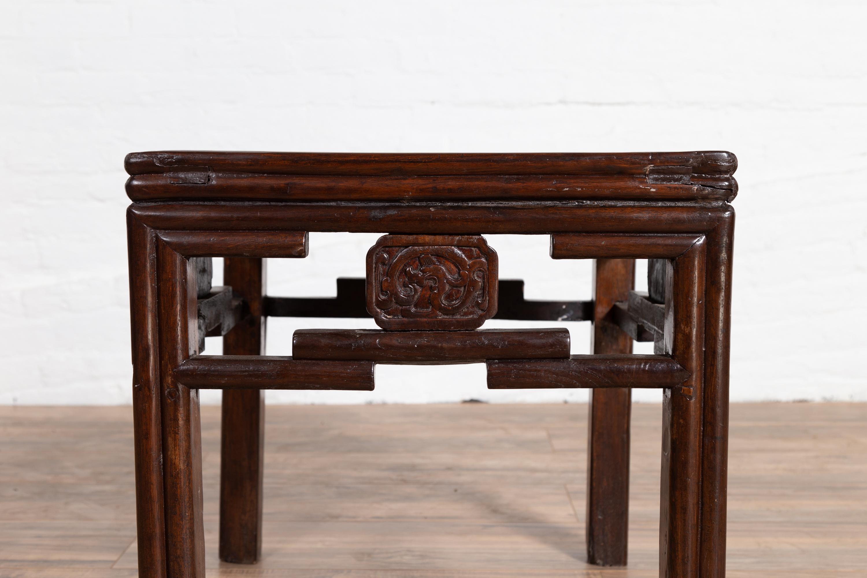 Chinese Vintage Qing Style Side Table with Dark Patina and Carved Medallions In Good Condition For Sale In Yonkers, NY