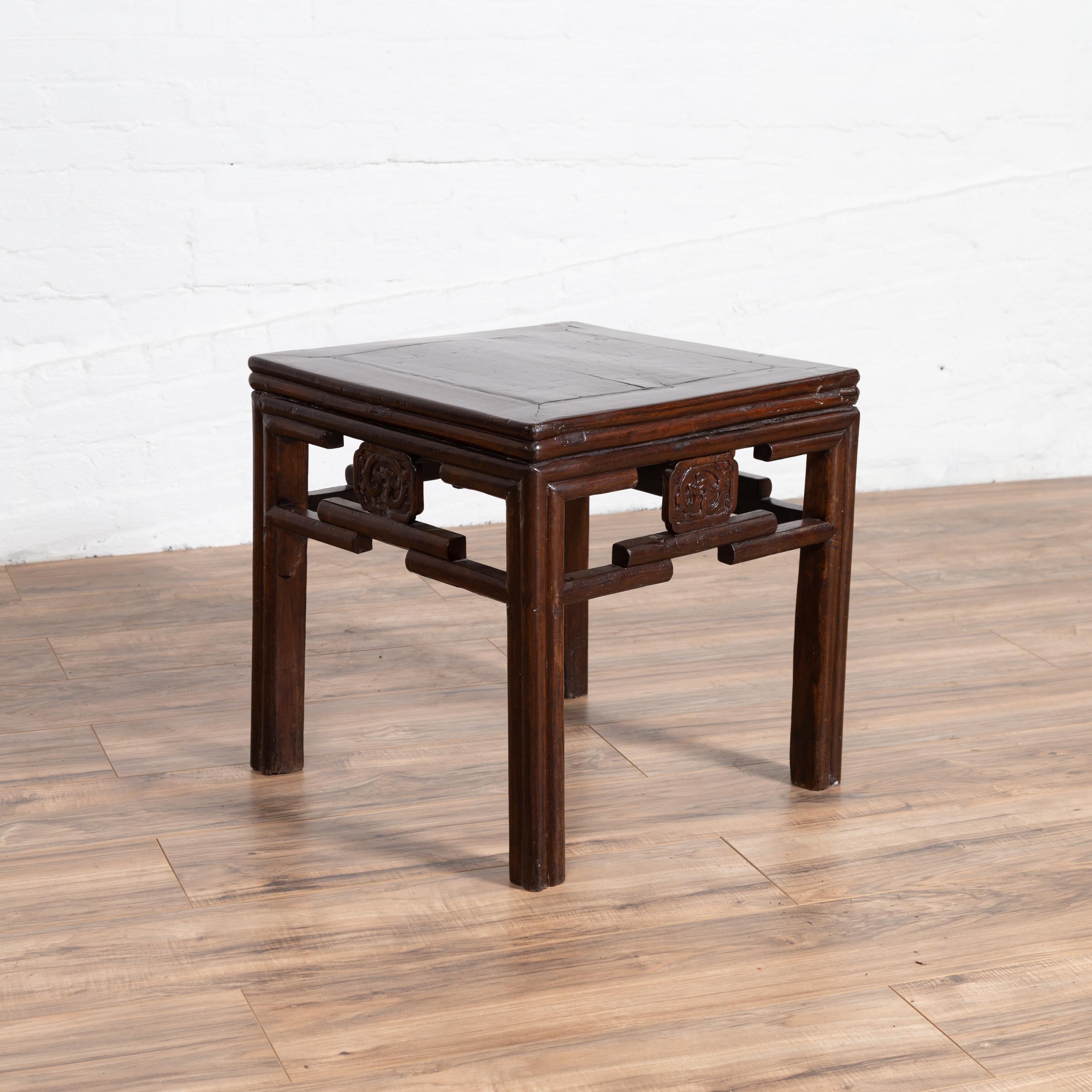Chinese Vintage Qing Style Side Table with Dark Patina and Carved Medallions For Sale 2