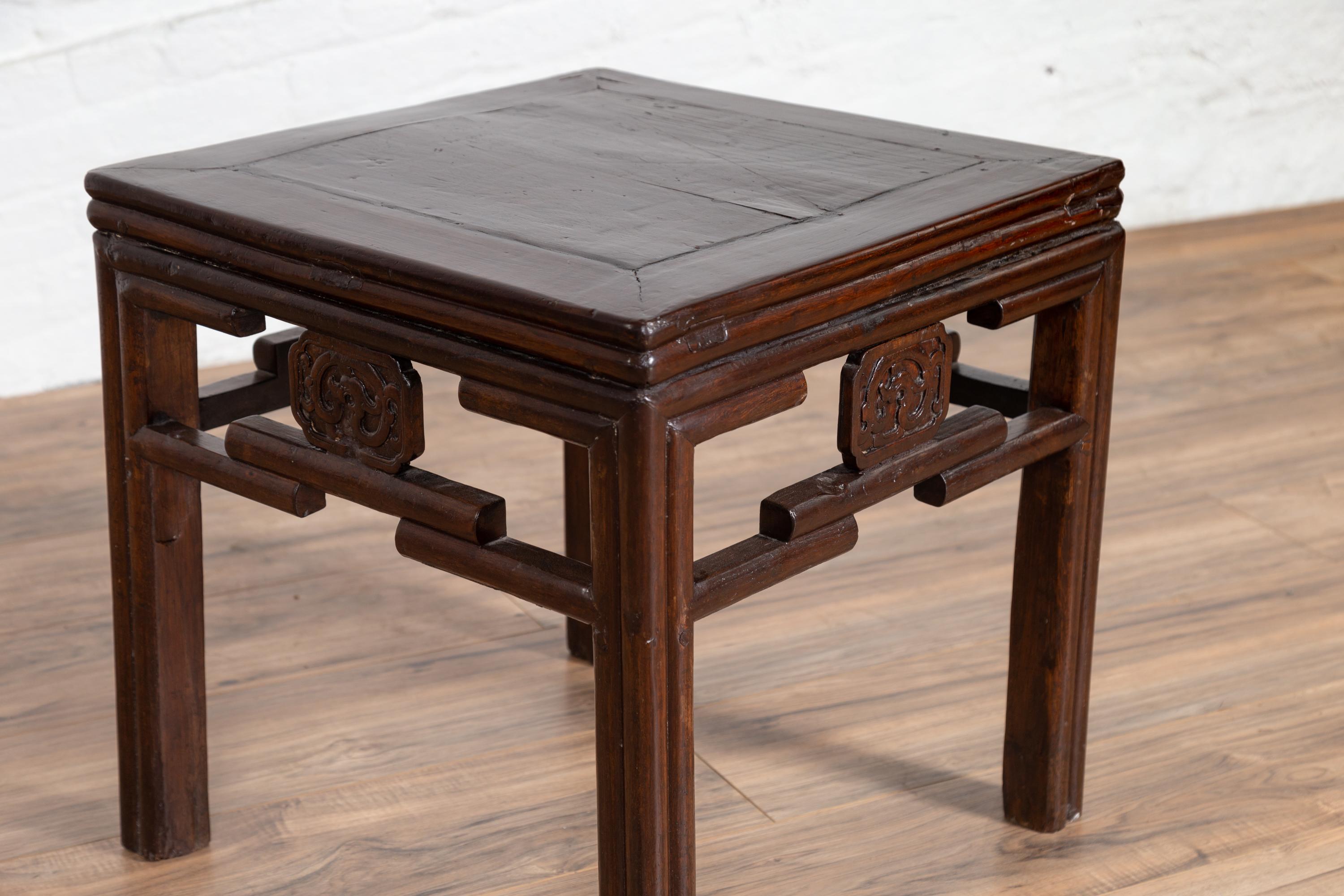 Chinese Vintage Qing Style Side Table with Dark Patina and Carved Medallions For Sale 3