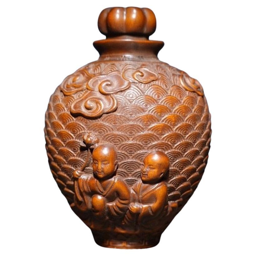 Chinese Vintage Rare Wood Carving Auspicious Kids Clouds Snuff Bottle