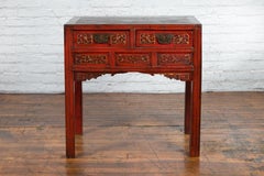 Chinese Vintage Red Lacquer Console Table with Carved Gilt Floral Motifs