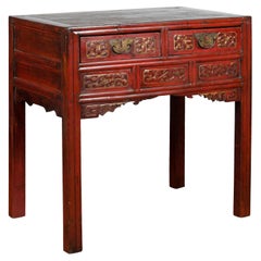 Chinese Vintage Red Lacquer Console Table with Carved Gilt Floral Motifs