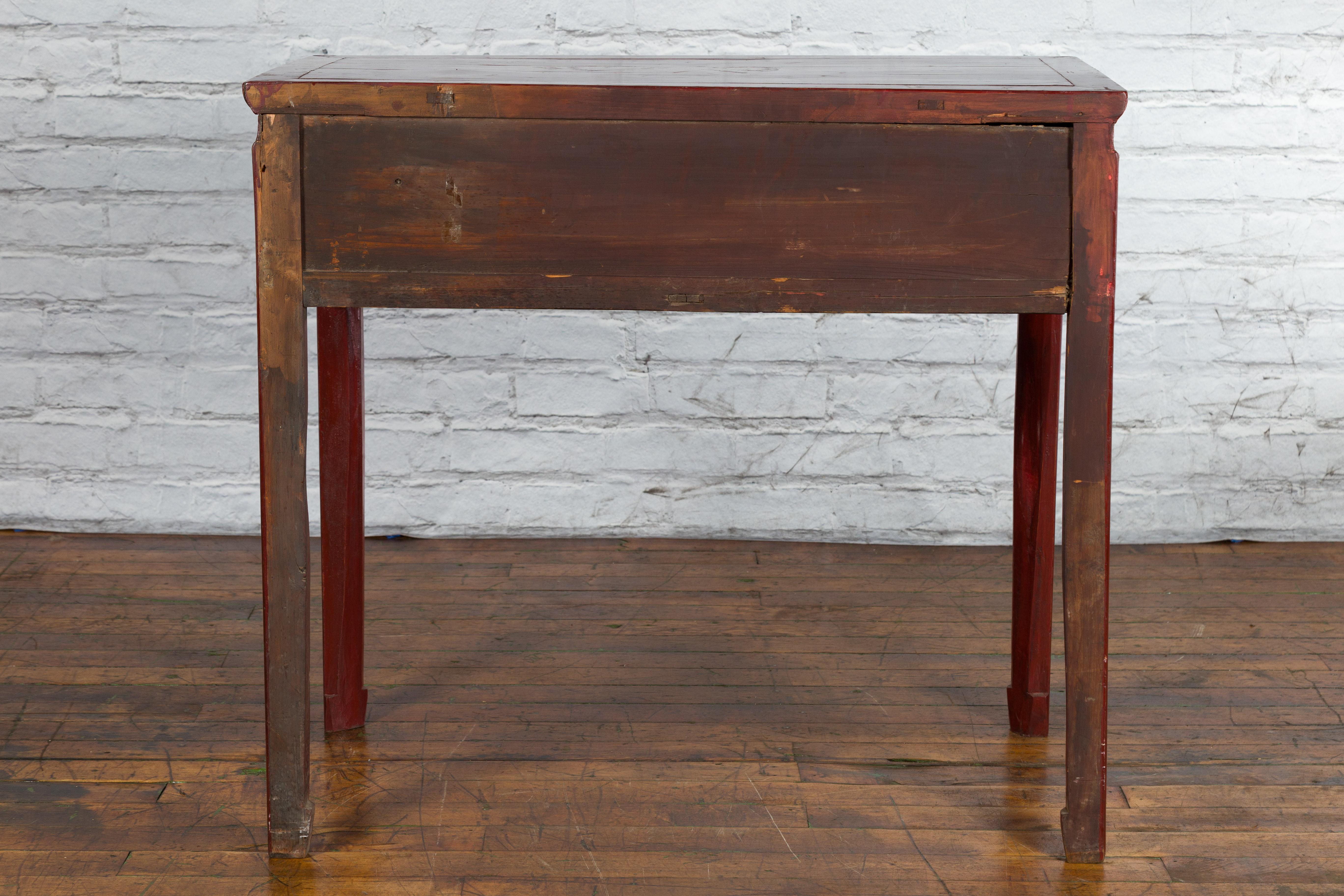 Chinese Vintage Red Lacquer Console Table with Drawers and Carved Spandrels For Sale 6
