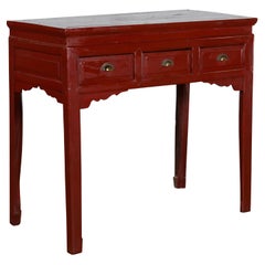 Chinese Vintage Red Lacquer Console Table with Drawers and Carved Spandrels
