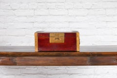 Chinese Vintage Red Lacquer Document Box with Cutout Brass Details
