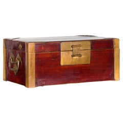 Chinese Vintage Red Lacquer Document Box with Cutout Brass Details