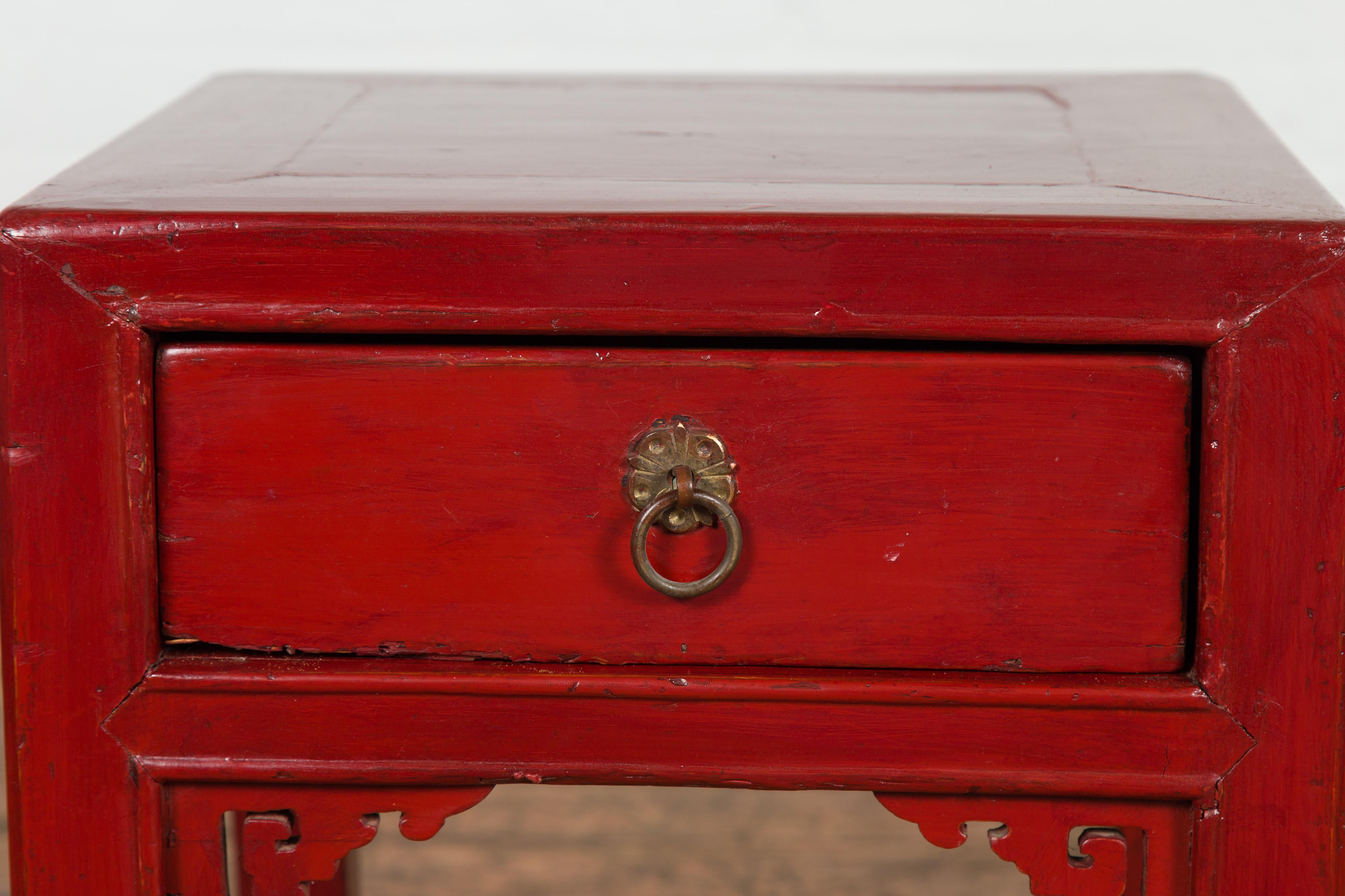 Chinese Vintage Red Lacquer Side Table with Single Drawer and Carved Spandrels at 1stDibs