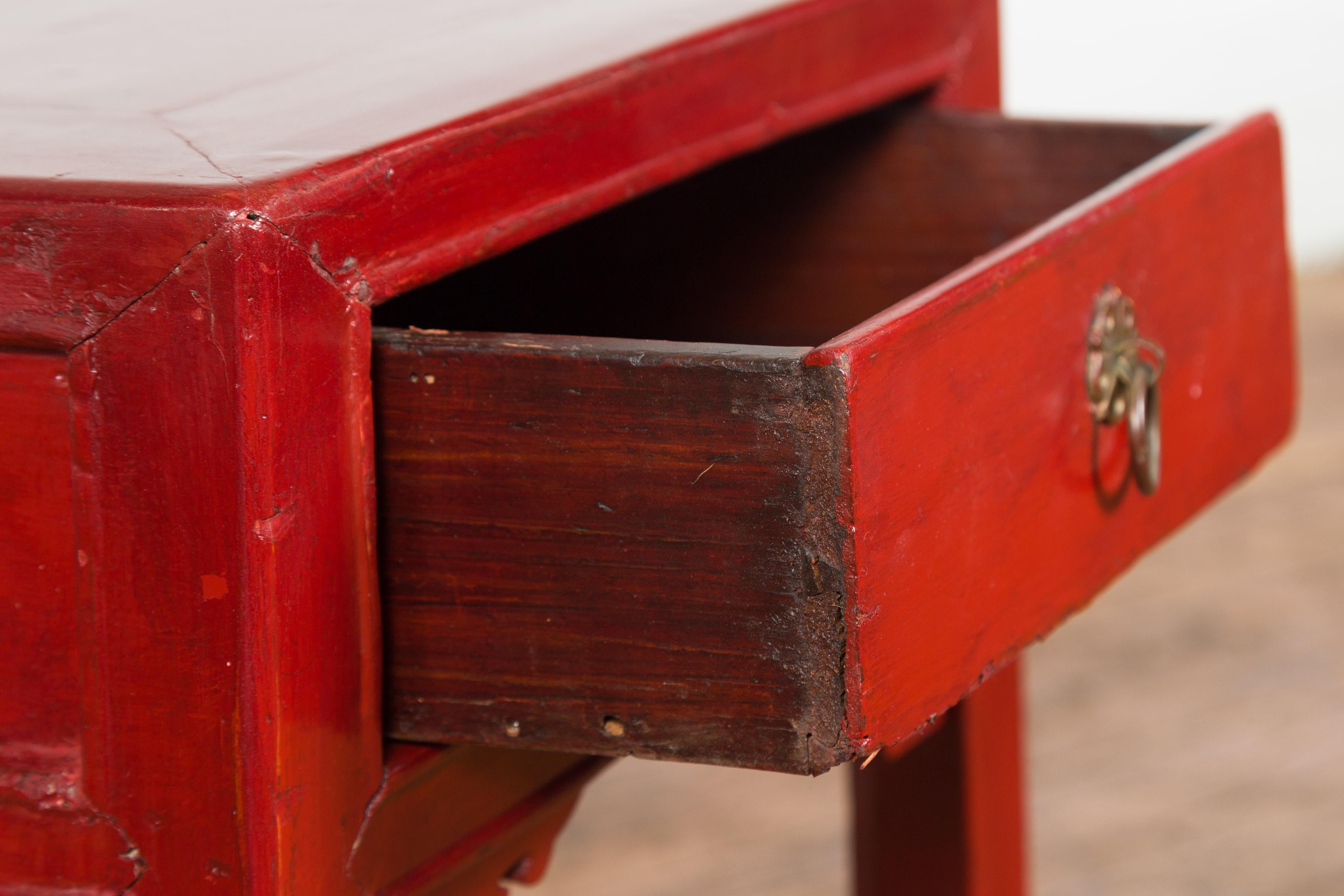Chinese Vintage Red Lacquer Side Table with Single Drawer and Carved Spandrels at 1stDibs