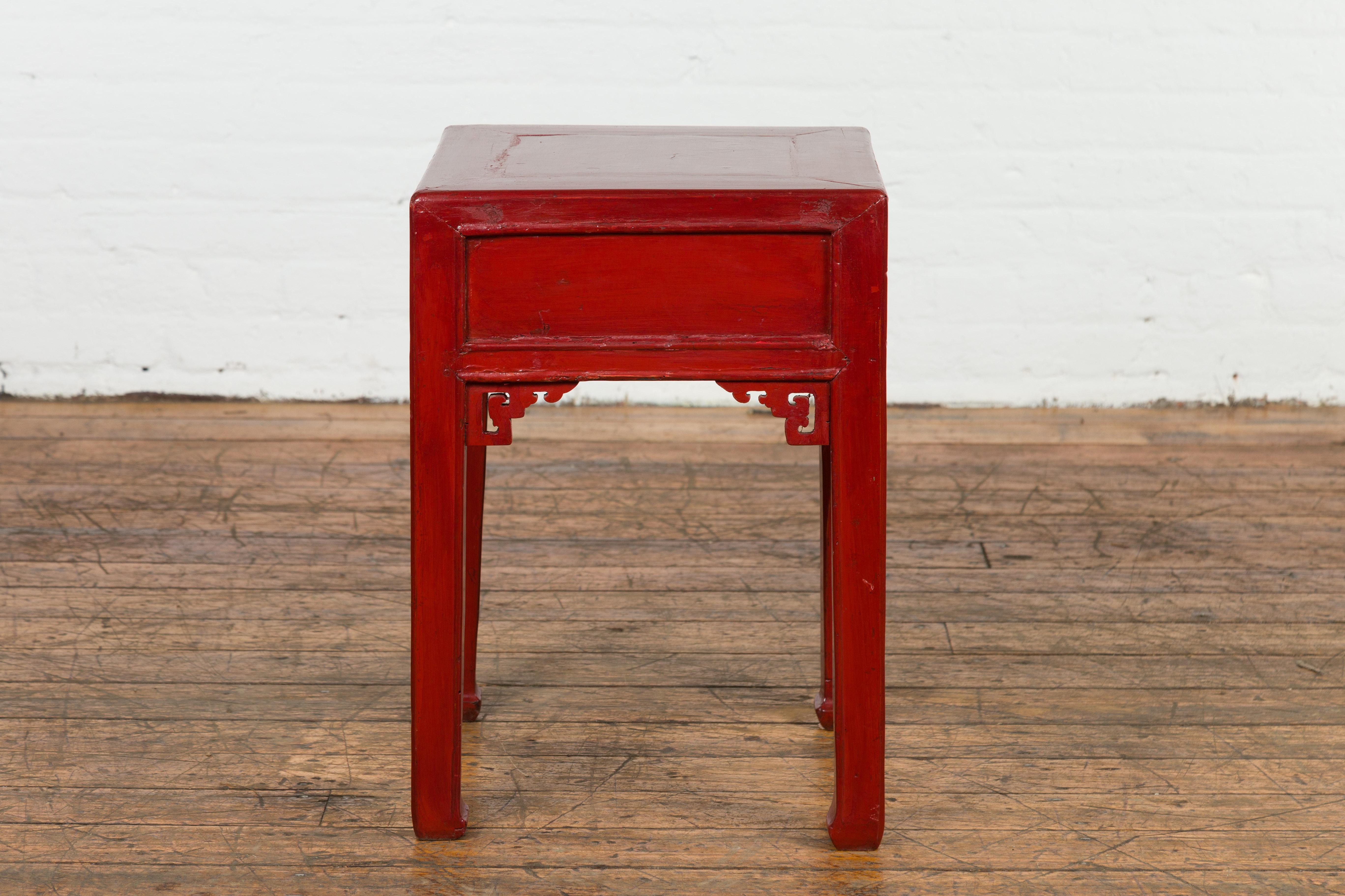 Chinese Vintage Red Lacquer Side Table with Single Drawer and Carved Spandrels at 1stDibs