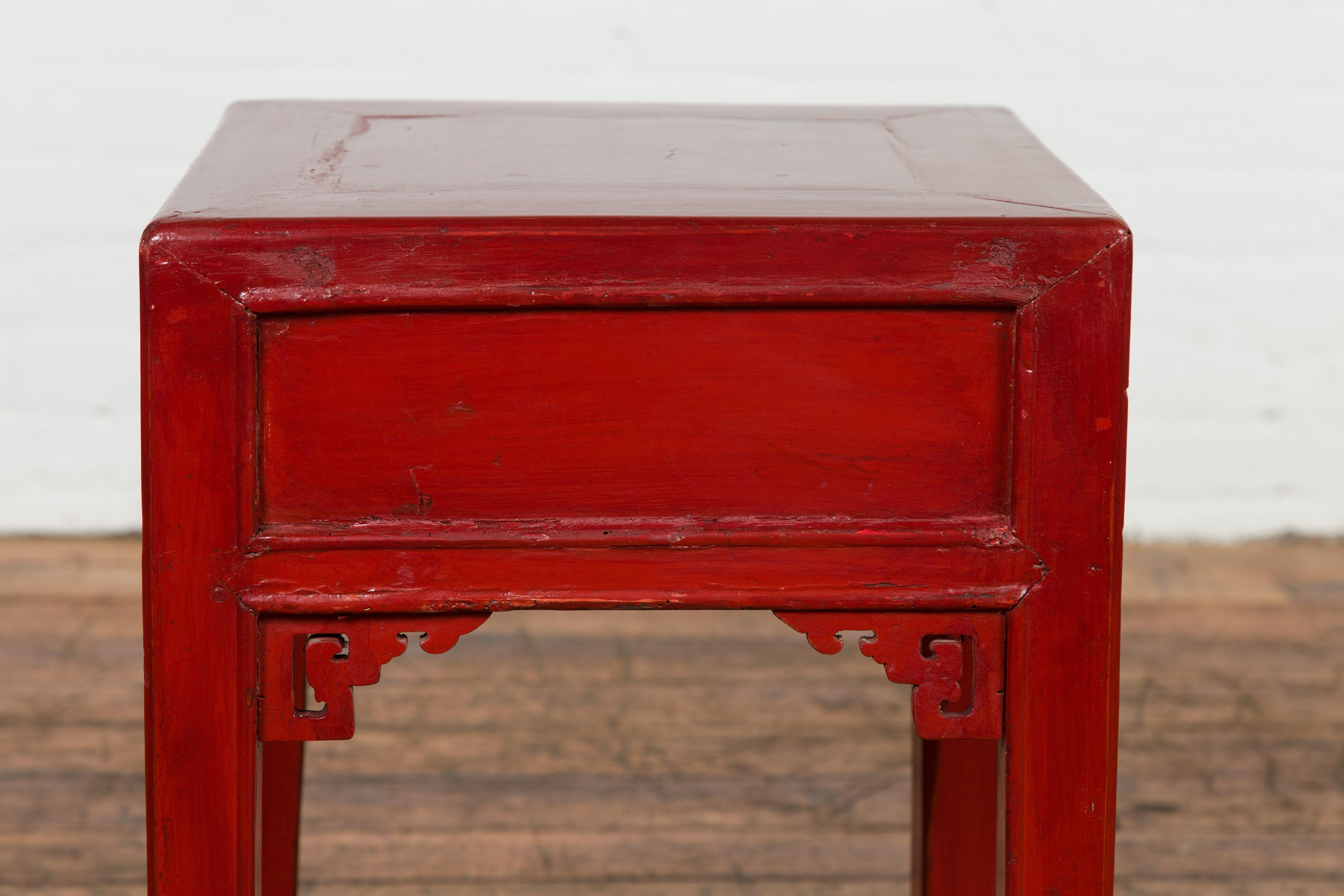 Chinese Vintage Red Lacquer Side Table with Single Drawer and Carved Spandrels at 1stDibs