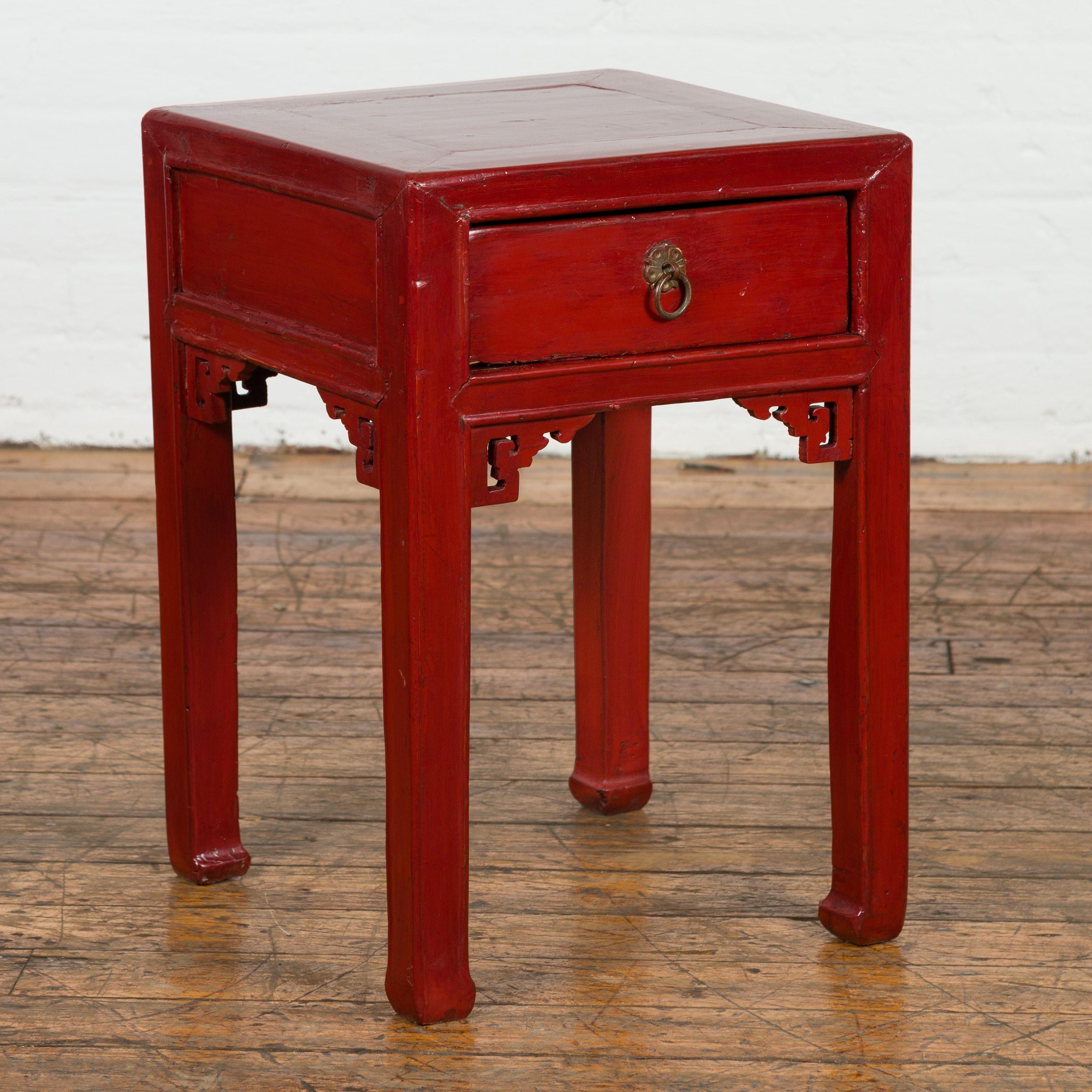 Chinese Vintage Red Lacquer Side Table with Single Drawer and Carved