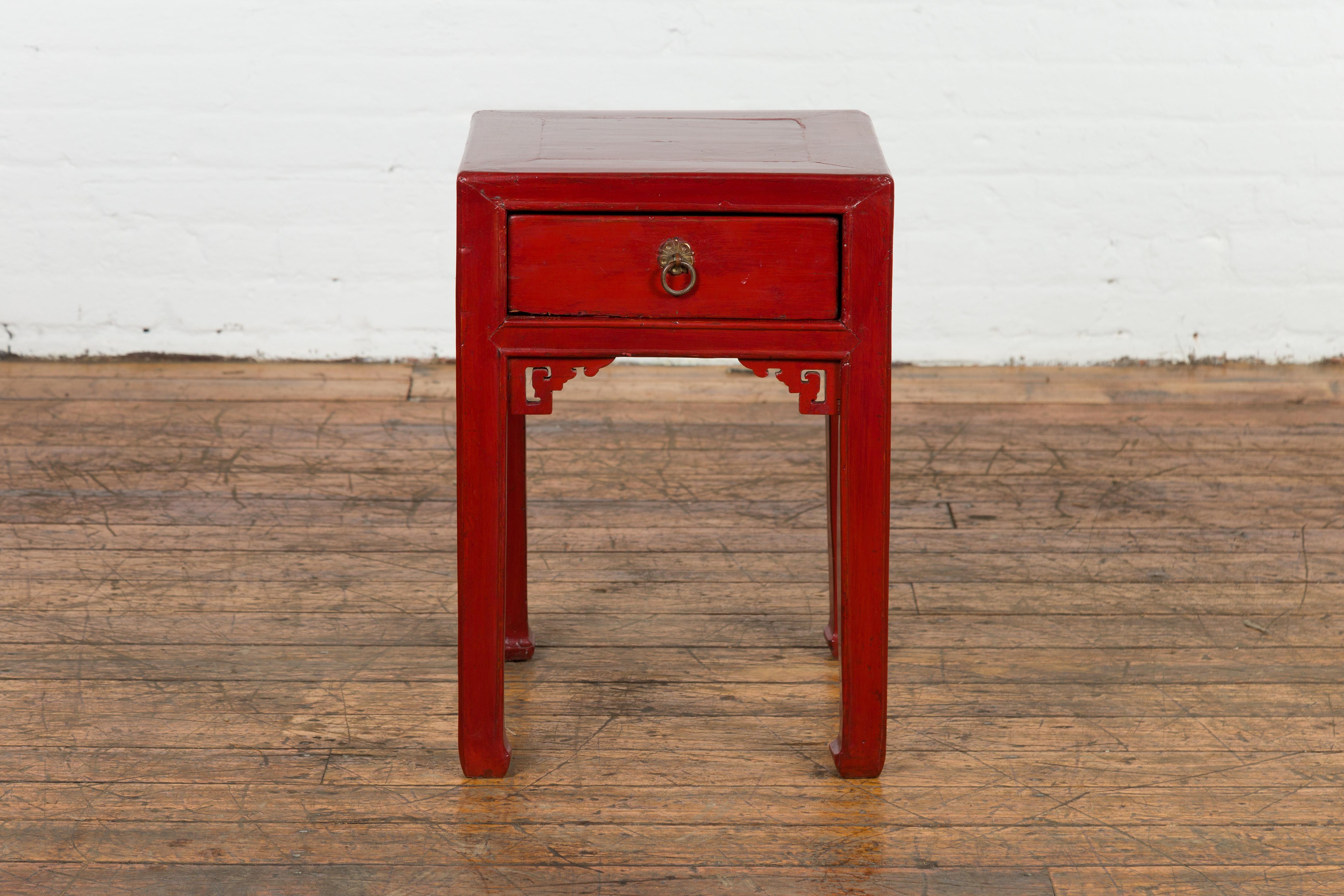 Chinese Vintage Red Lacquer Side Table with Single Drawer and Carved Spandrels at 1stDibs