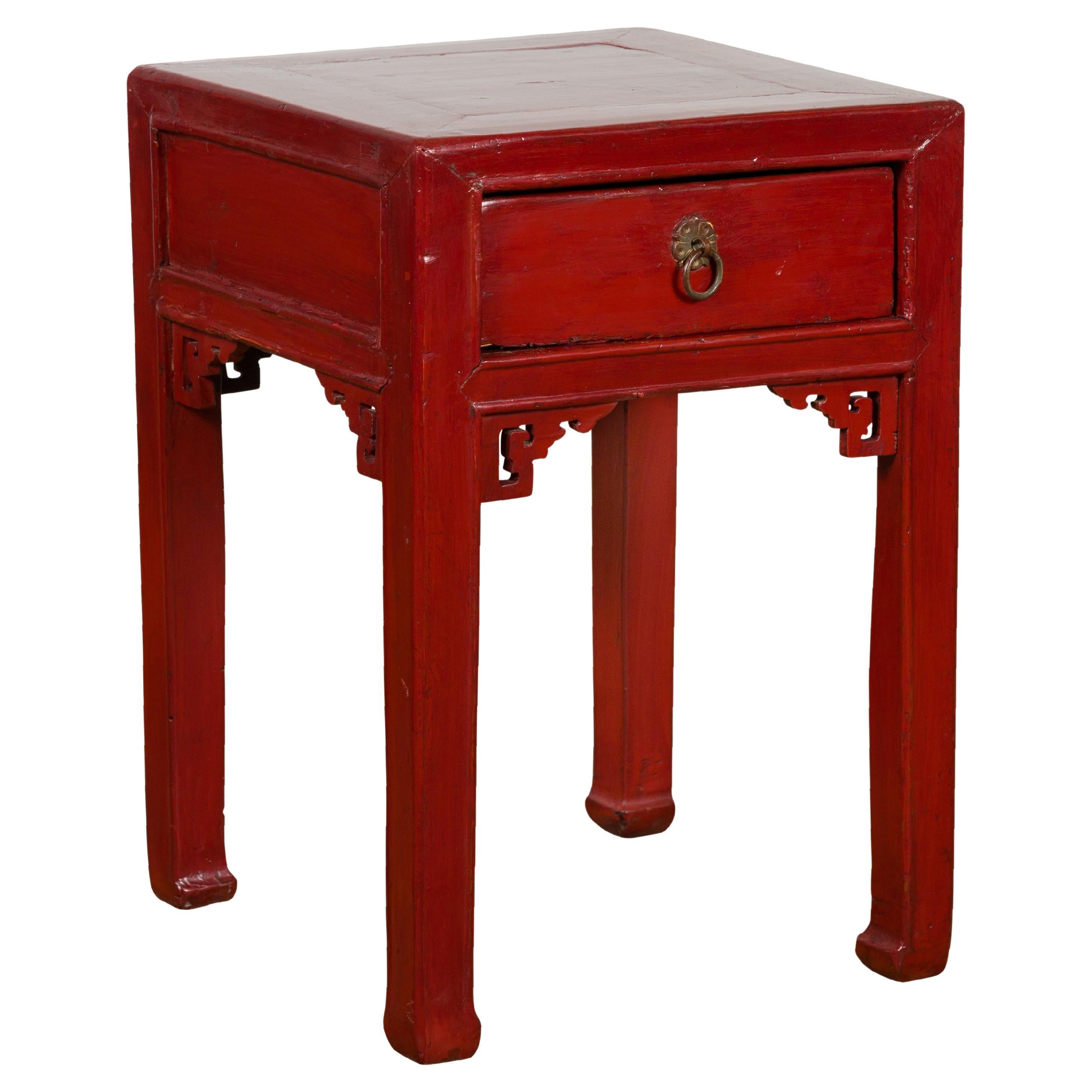 Chinese Vintage Red Lacquer Side Table with Single Drawer and Carved