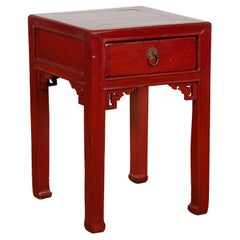 Chinese Vintage Red Lacquer Side Table with Single Drawer and Carved Spandrels