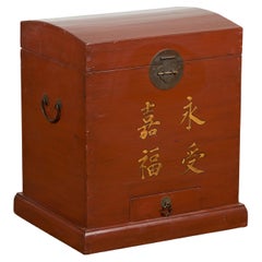 Chinese Vintage Red Lacquer Wedding Chest with Gilded Calligraphy and Drawer