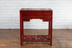 Chinese Vintage Red Lacquer Wood Three-Drawer Vanity Table with Folding Mirror