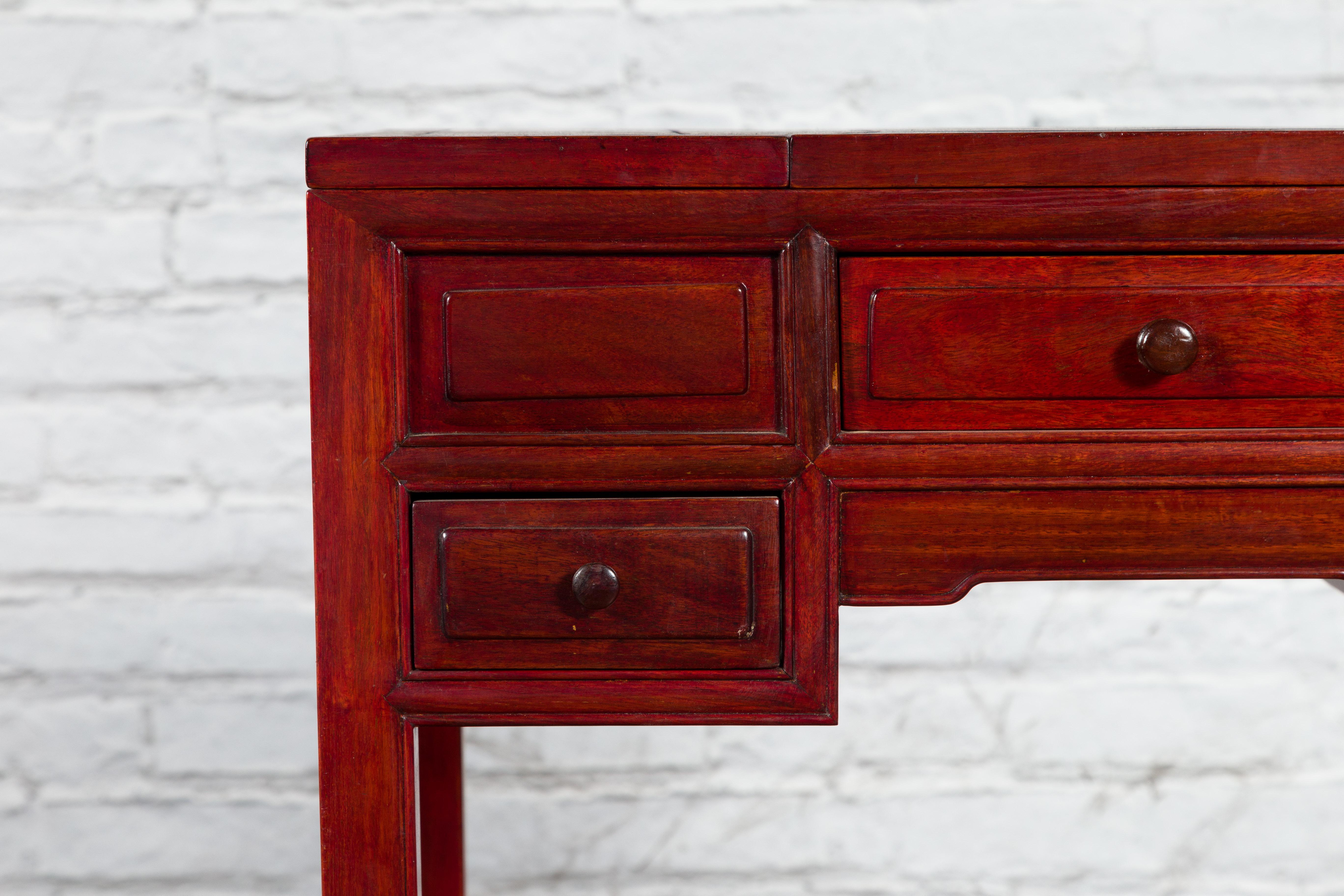 Lacquered Chinese Vintage Red Lacquer Wood Three-Drawer Vanity Table with Folding Mirror For Sale