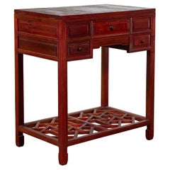 Chinese Vintage Red Lacquer Wood Three-Drawer Vanity Table with Folding Mirror