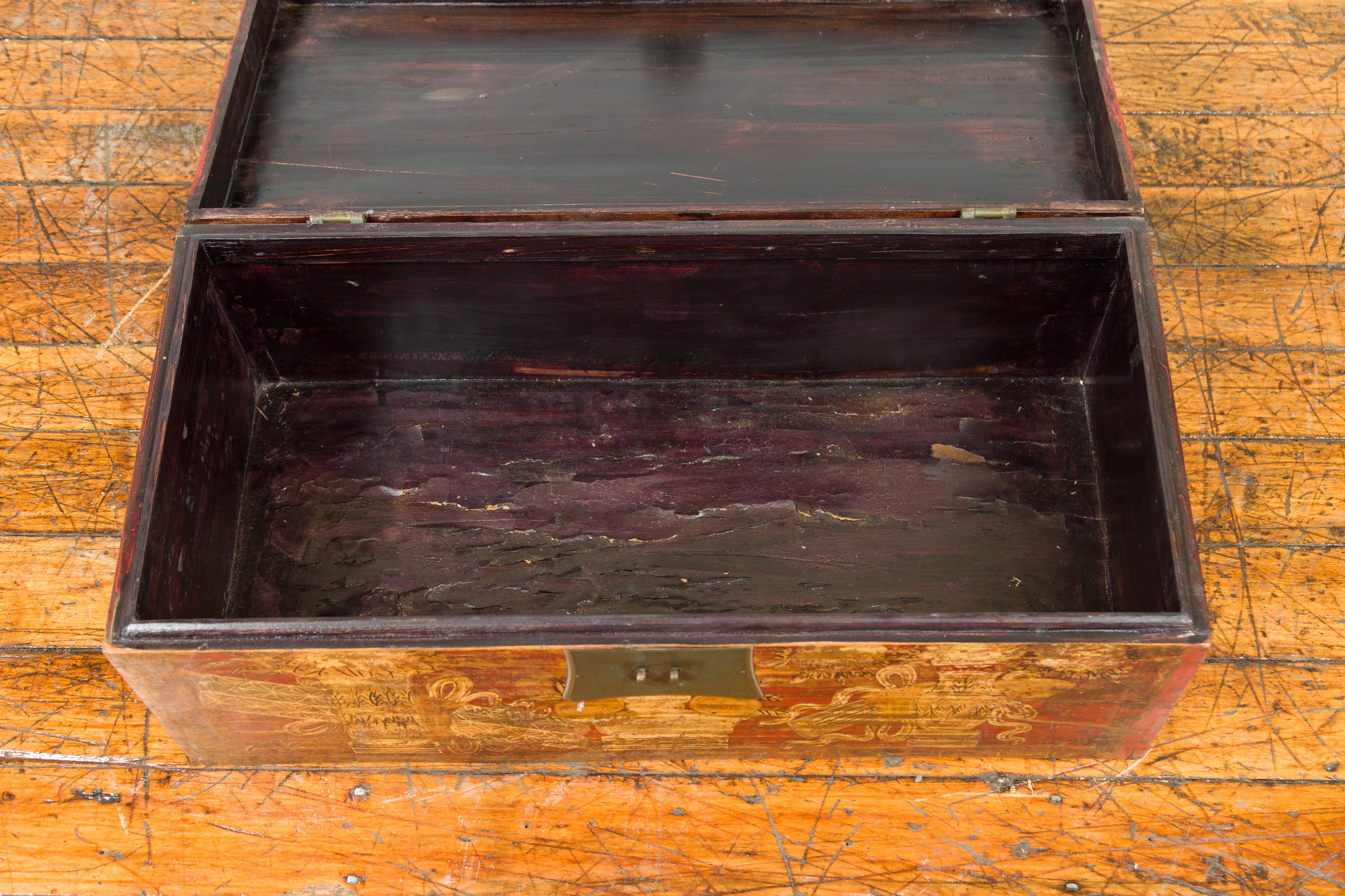 Wood Chinese Vintage Red Lacquered Box with Golden Motifs and Bronze Hardware For Sale