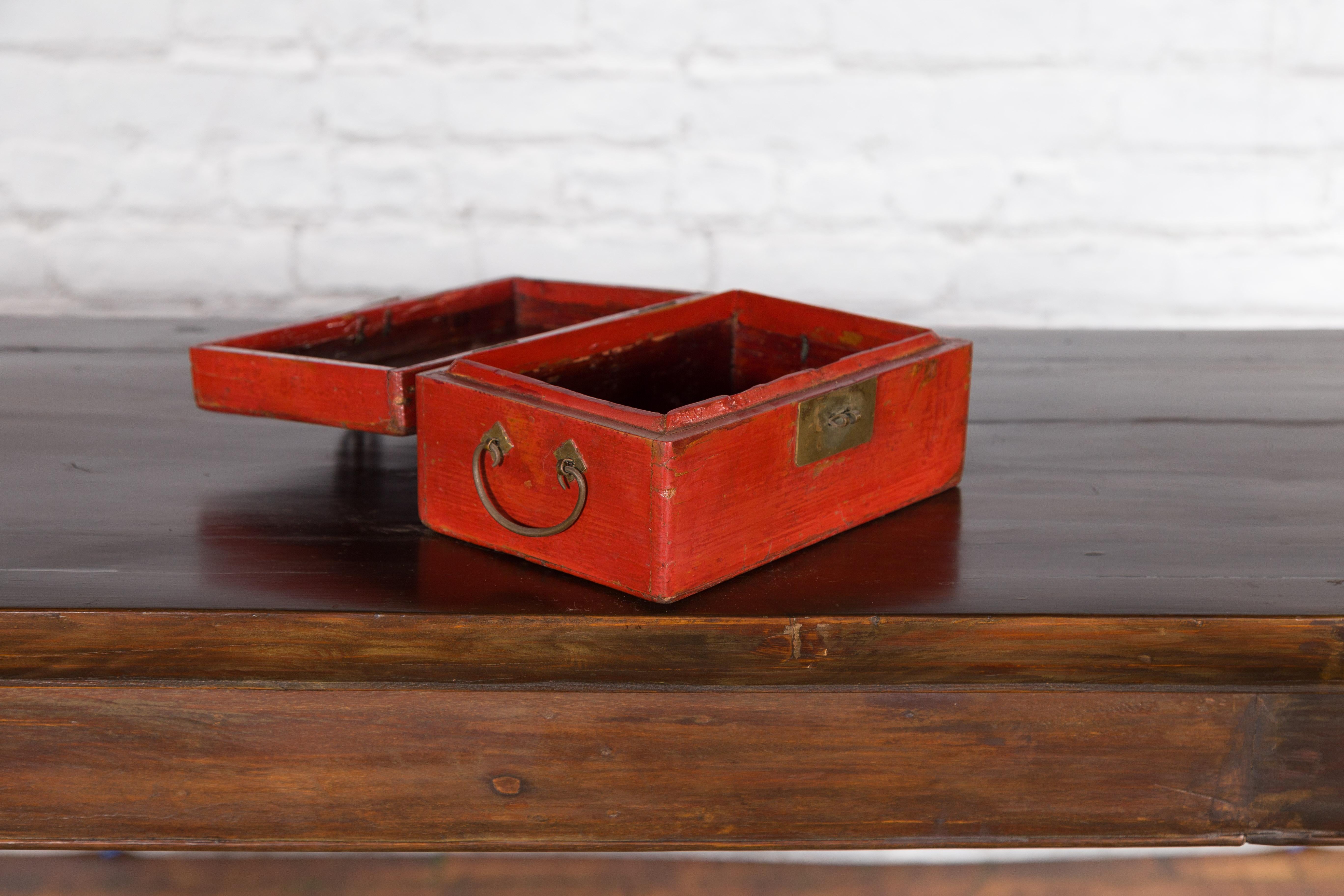 Chinese Vintage Red Lacquered Document Box with Brass Hardware 6