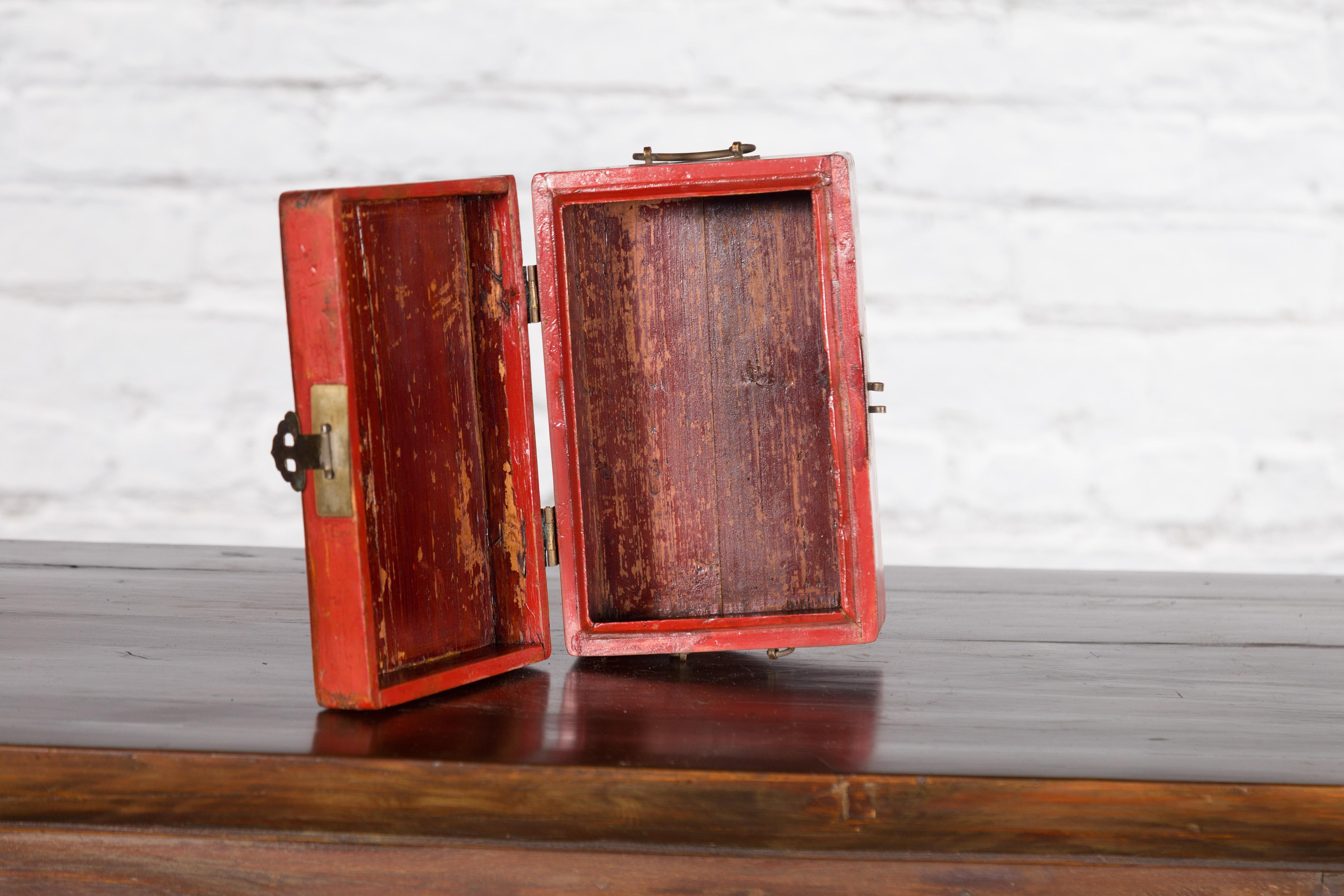 Chinese Vintage Red Lacquered Document Box with Brass Hardware 7