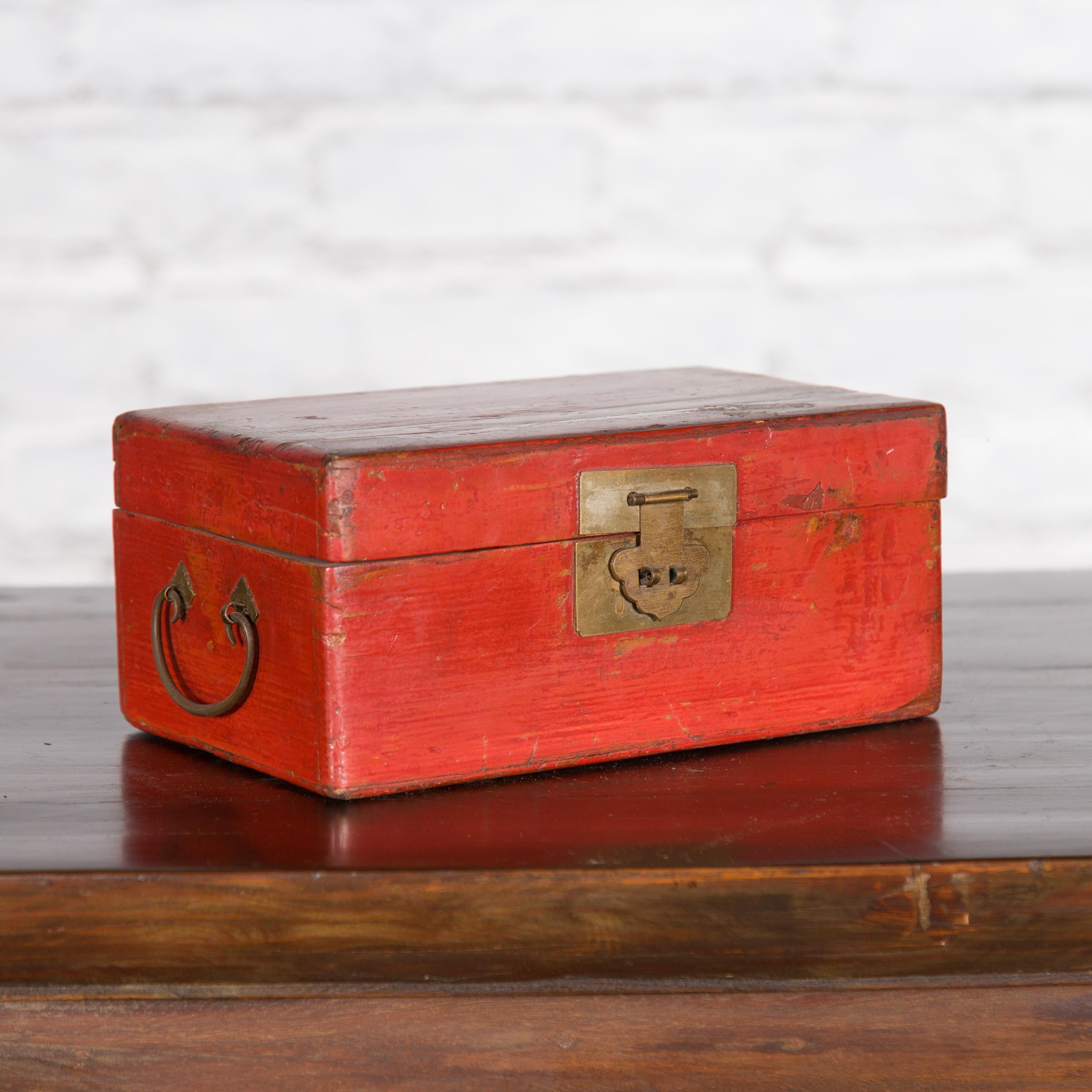 Chinese Vintage Red Lacquered Document Box with Brass Hardware 2