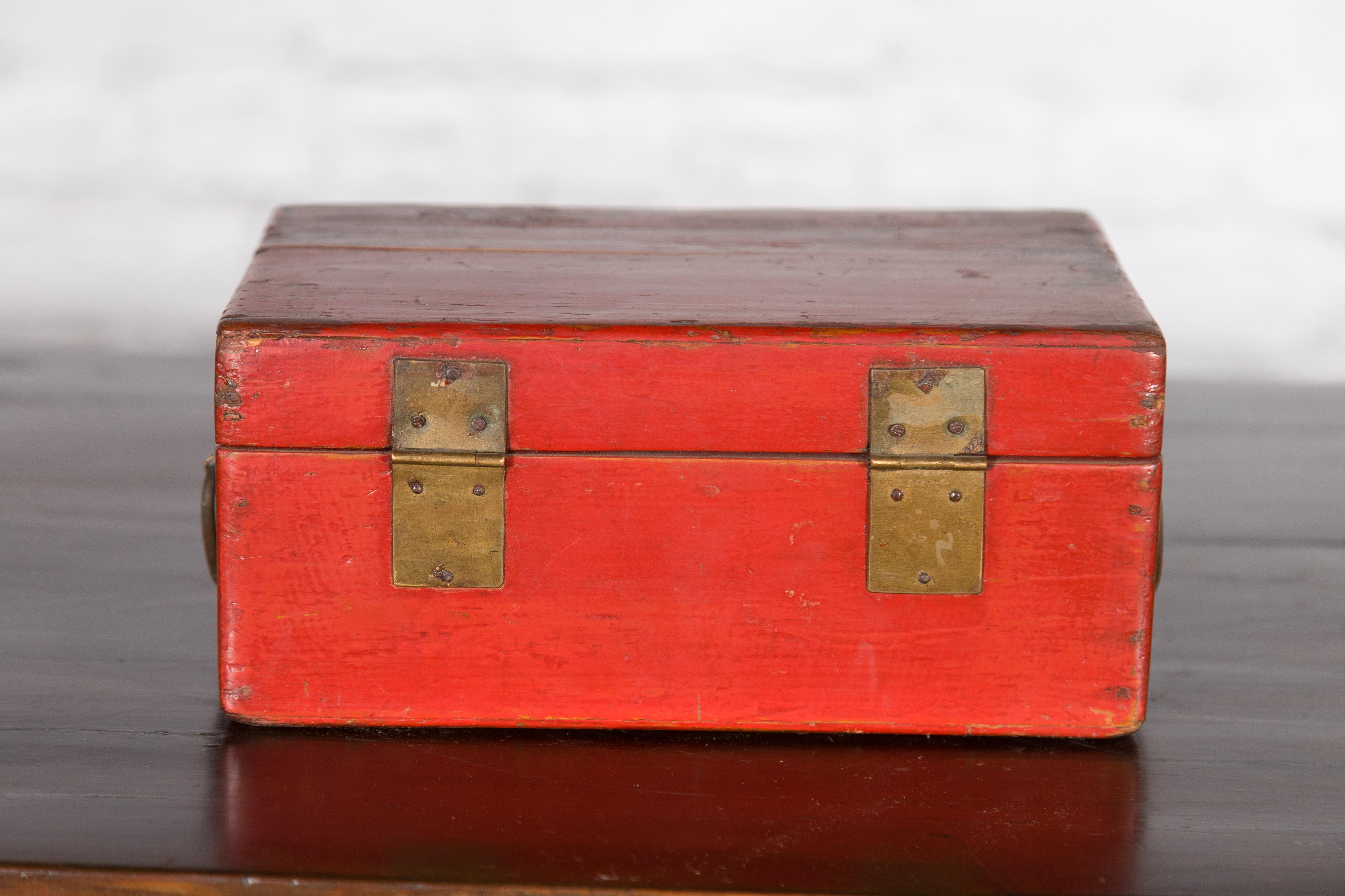 Chinese Vintage Red Lacquered Document Box with Brass Hardware 4