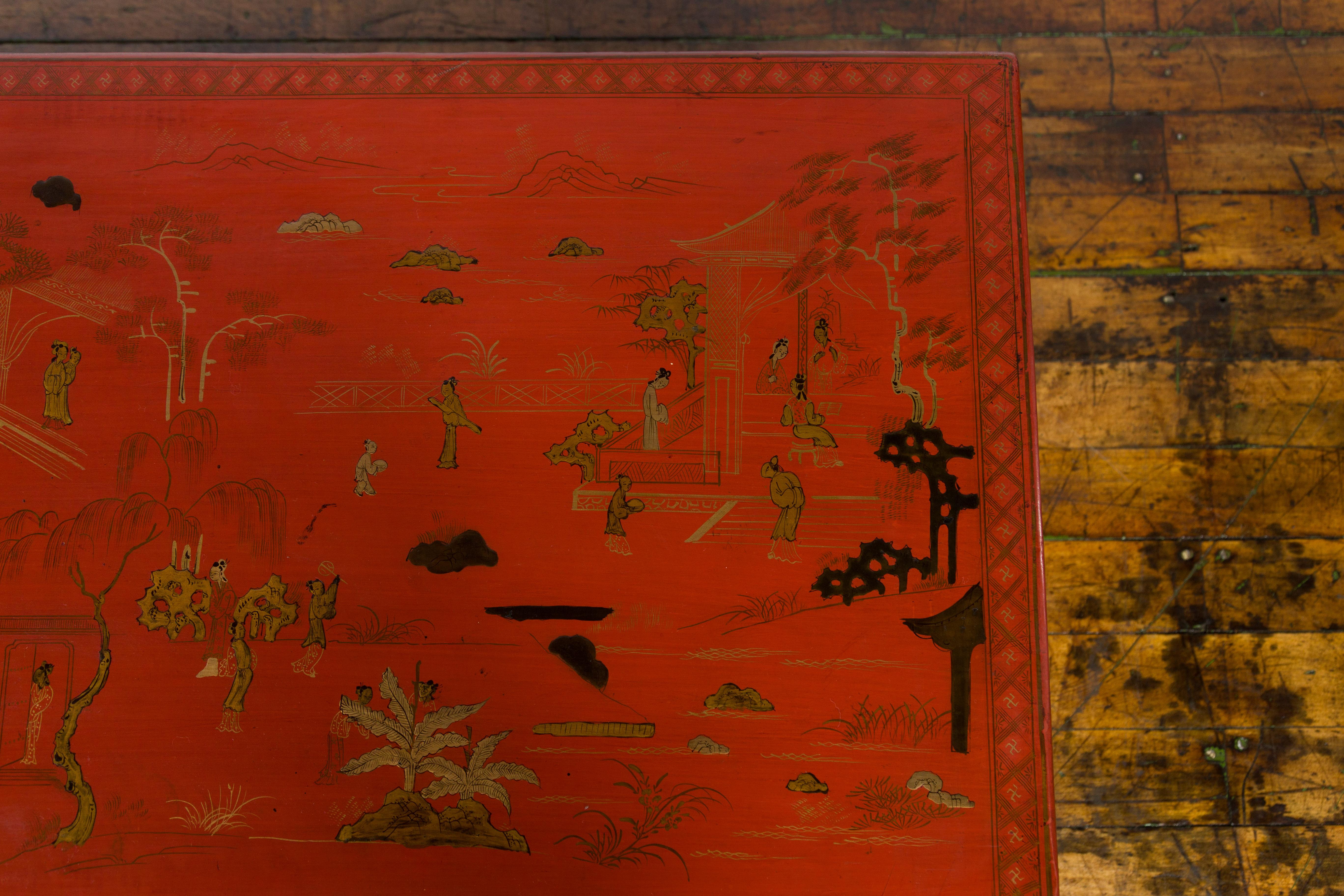 Chinese Vintage Red Lacquered Trunk on Black Base with Gilded Chinoiserie Décor 7