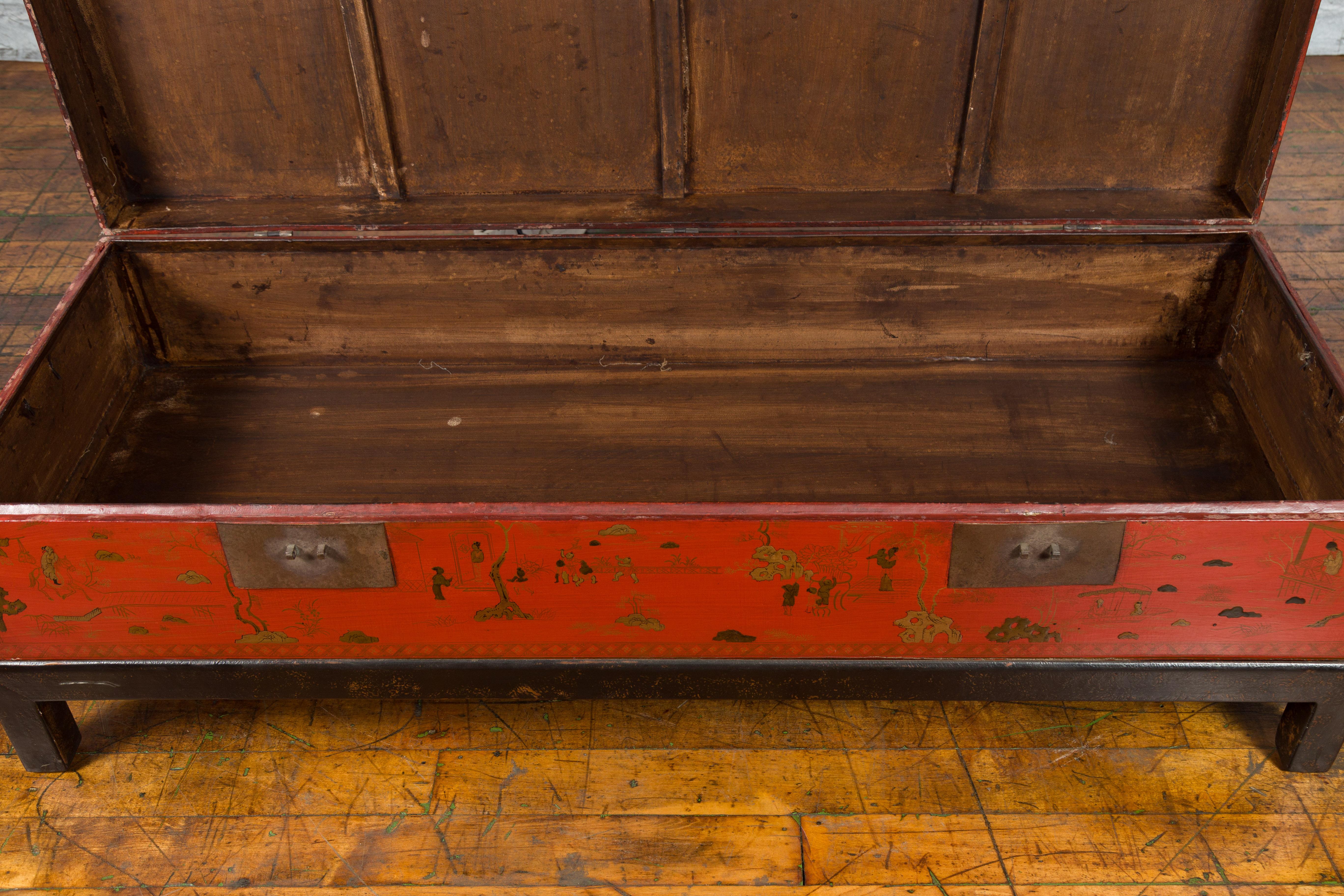 Chinese Vintage Red Lacquered Trunk on Black Base with Gilded Chinoiserie Décor 10
