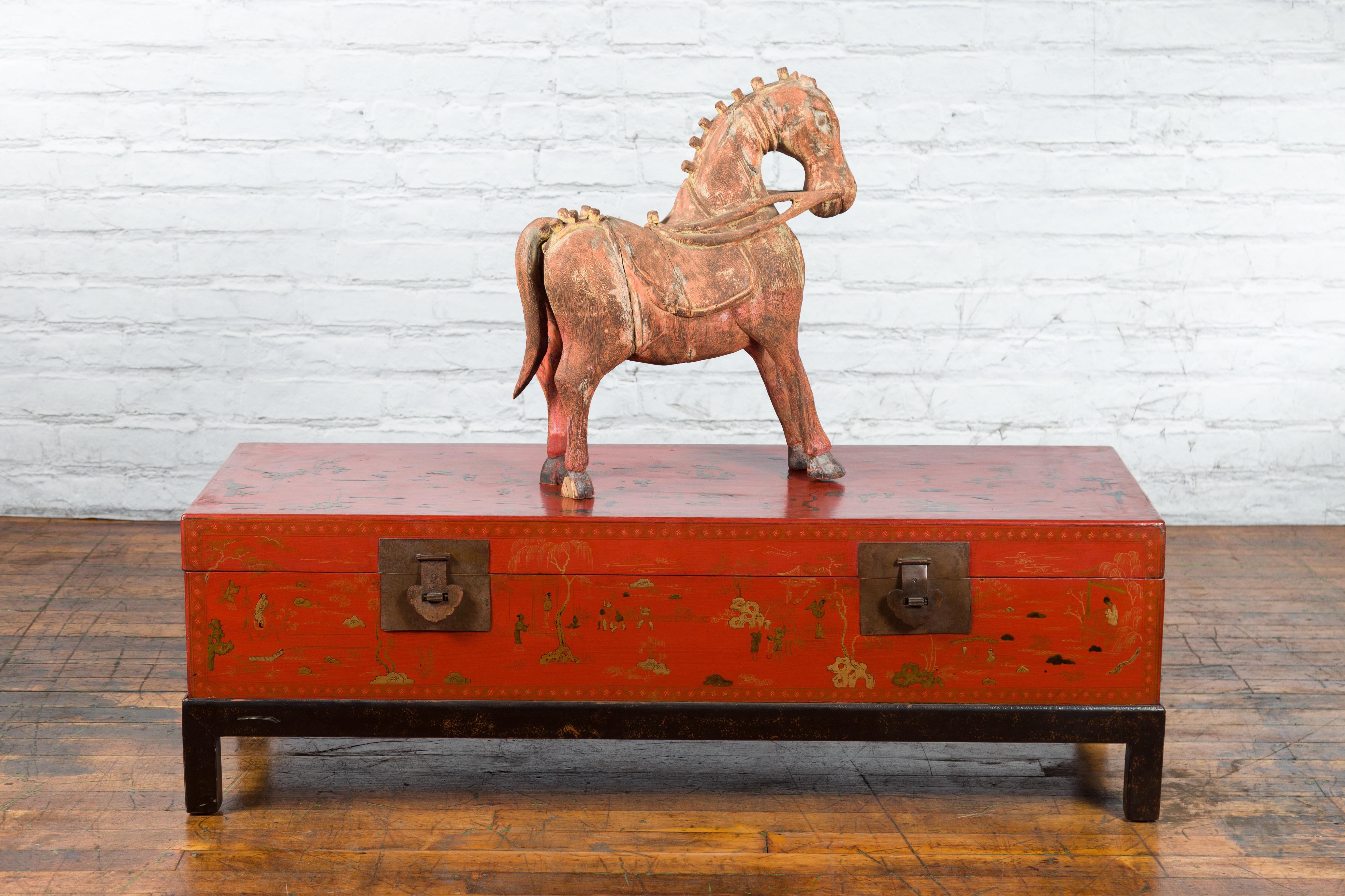 20th Century Chinese Vintage Red Lacquered Trunk on Black Base with Gilded Chinoiserie Décor